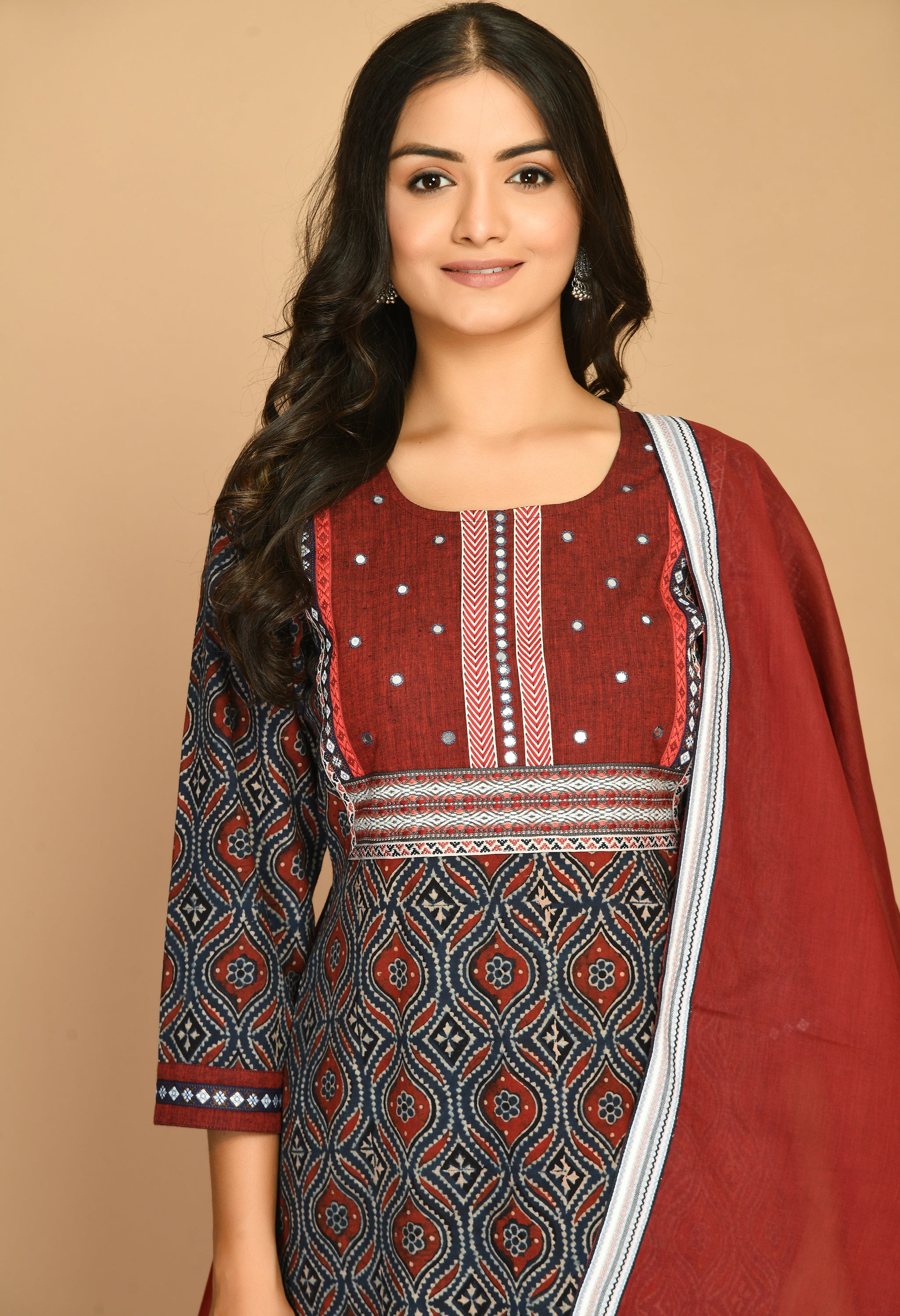 Blue Ajrakh Kurta With Handloom Pants And Dupatta