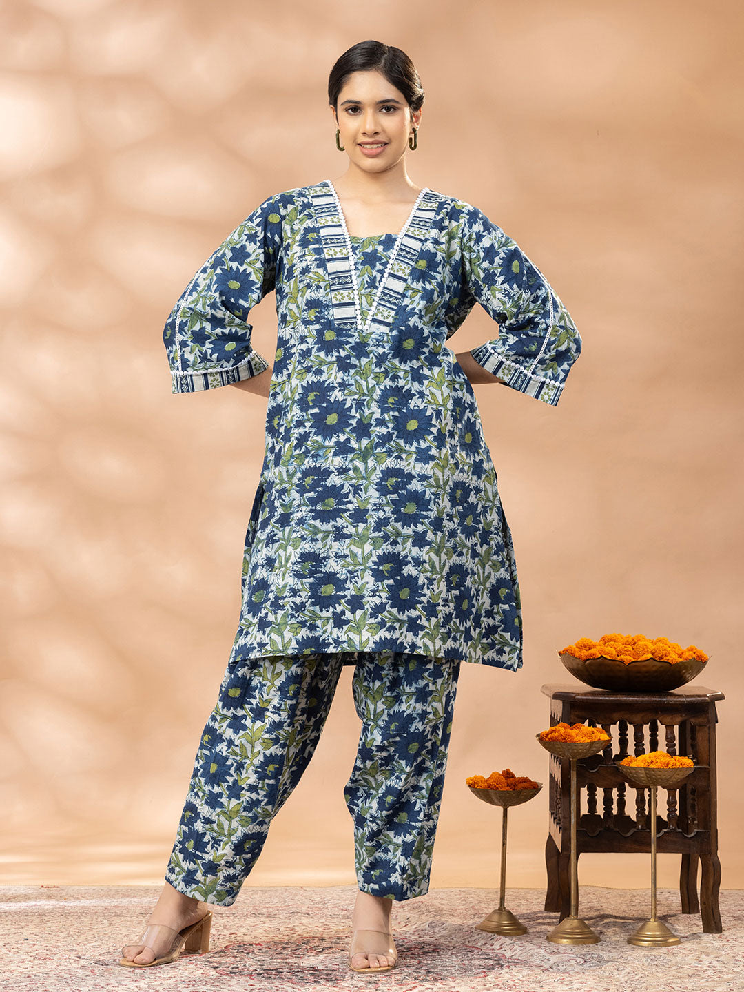 Bagru Indigo Blue and Green Floral Print Kurta Salwar Set