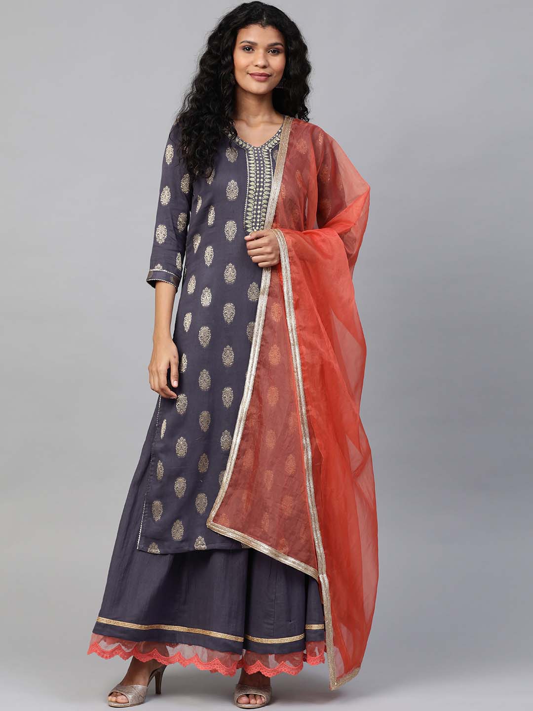 Grey Embroidered Kurta With Cotton Kalidar Skirt And Organza Dupatta - Set of 3