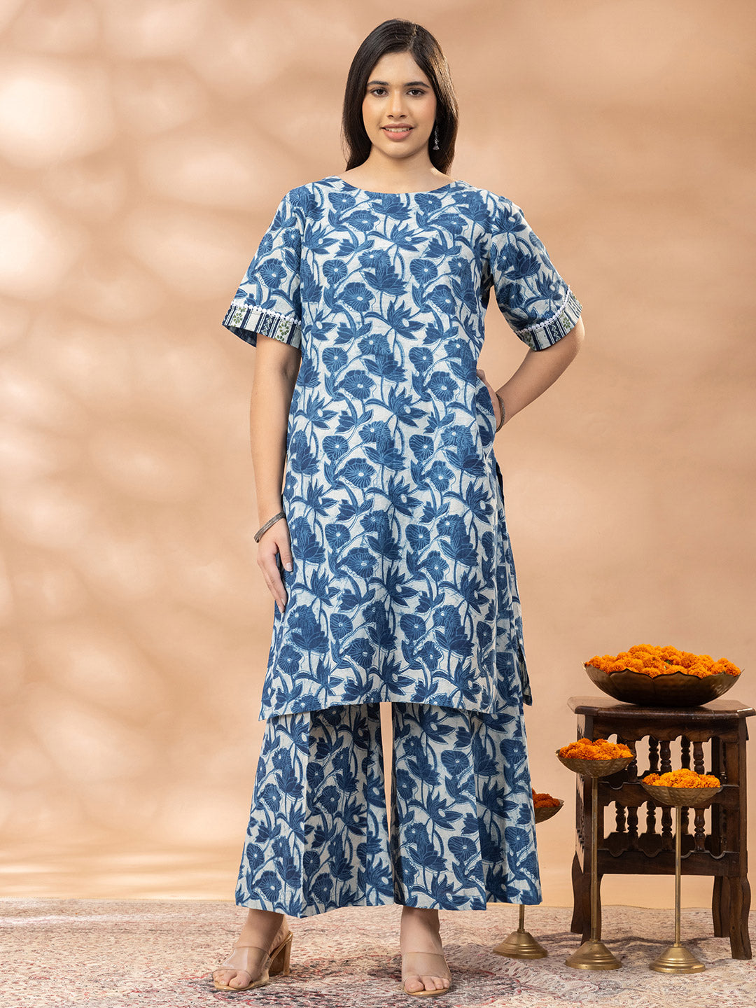 Bagru Indigo Floral Kurta Palazzo Set
