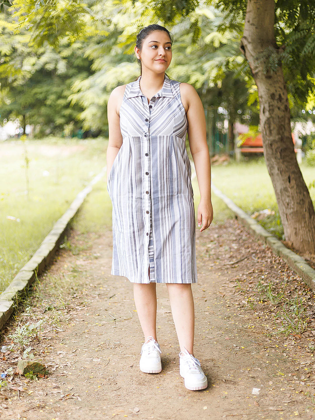 white christmas dresses Round Collar Shirt Dress Pink Floral-Poplin / M main image 1