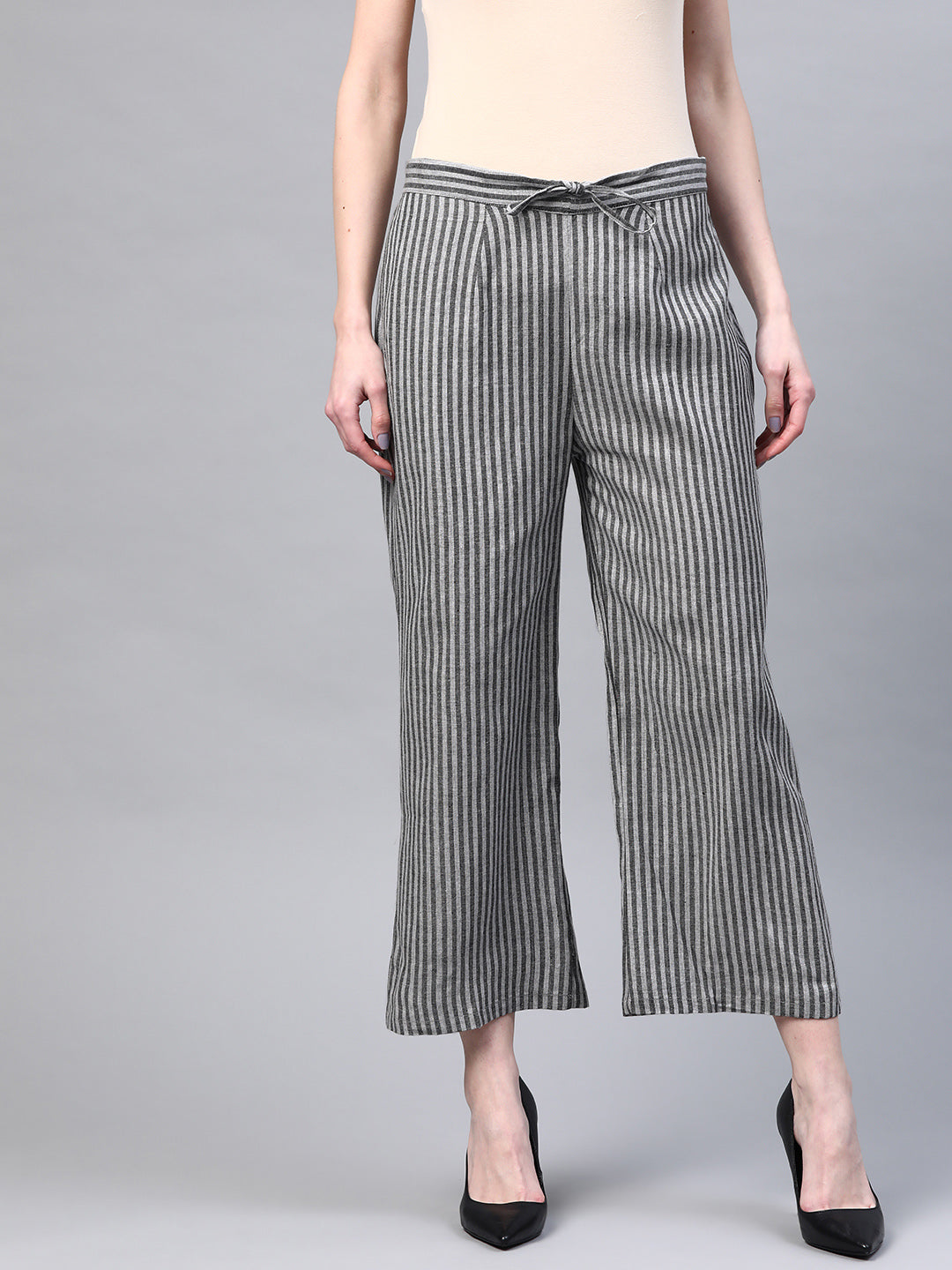 Women Black & Grey Handloom Cotton Striped Wide Leg Sustainable Palazzos