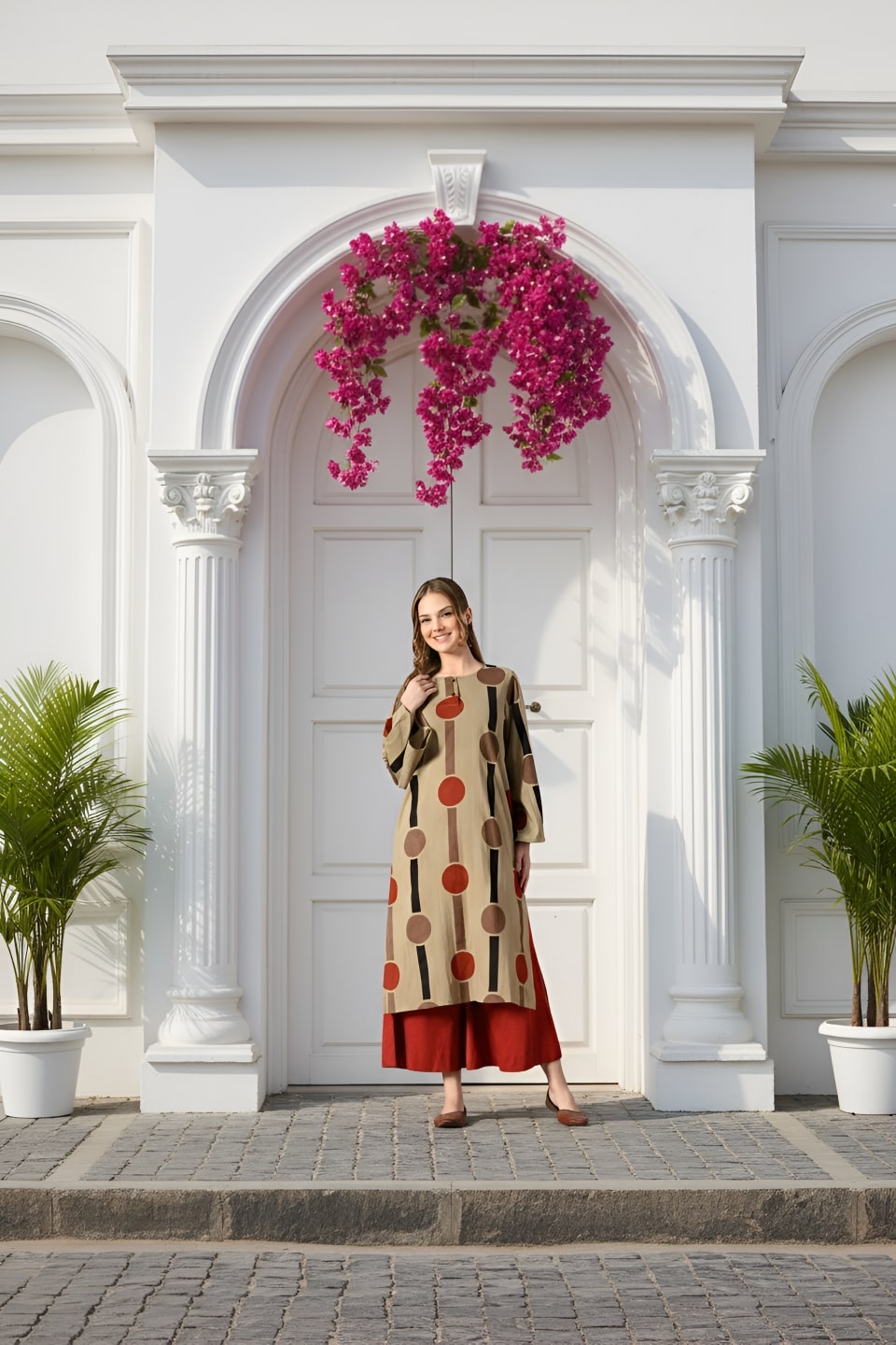 Women Beige Geometrical Print Cotton Oversized Kurta