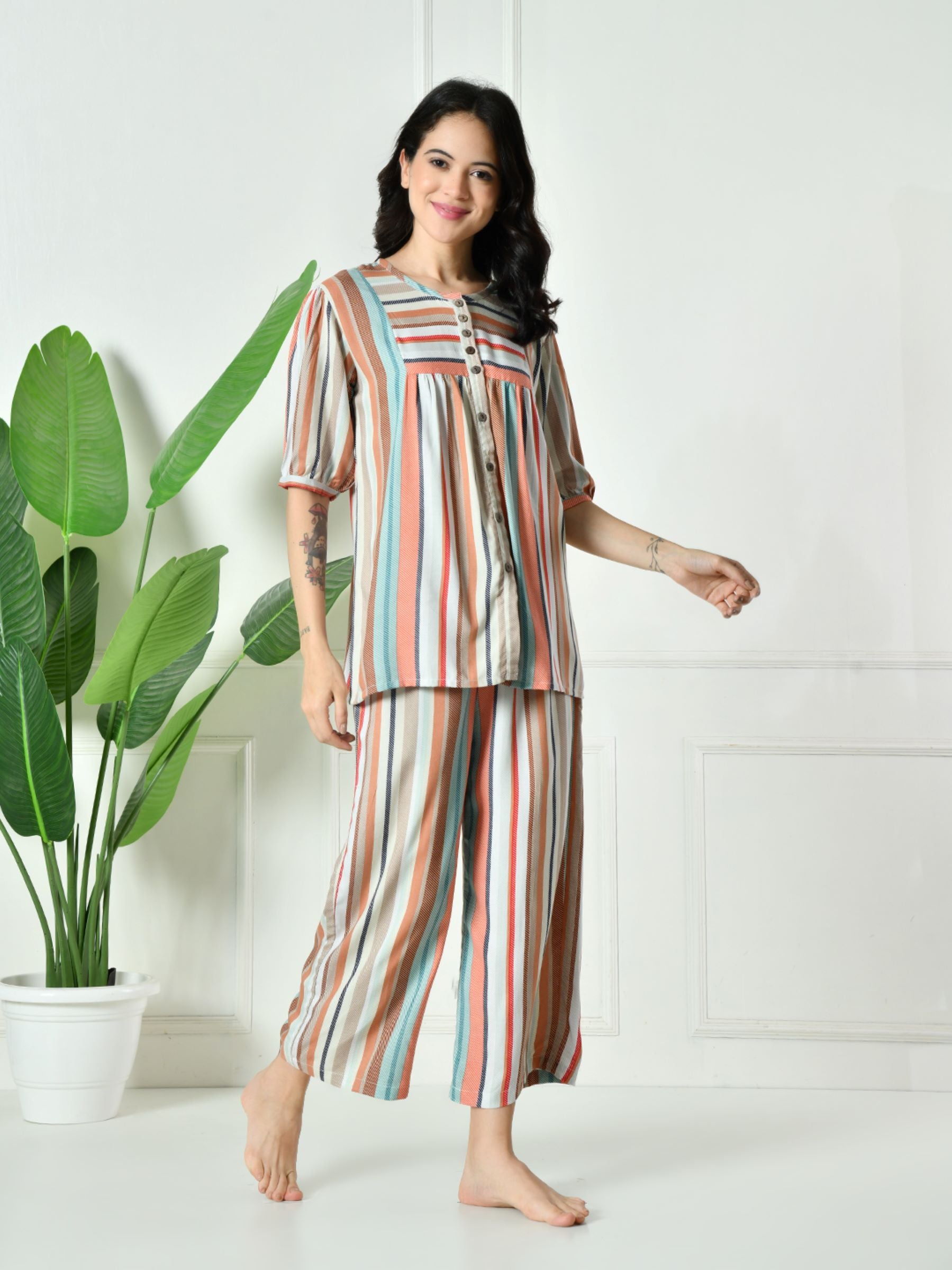 Women Multi Colour Stripes Lounge set