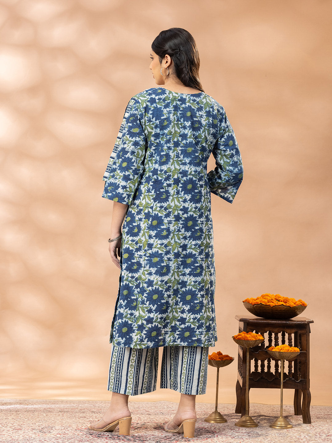 Bagru Indigo Blue and Green Yoke Kurta Palazzo Set