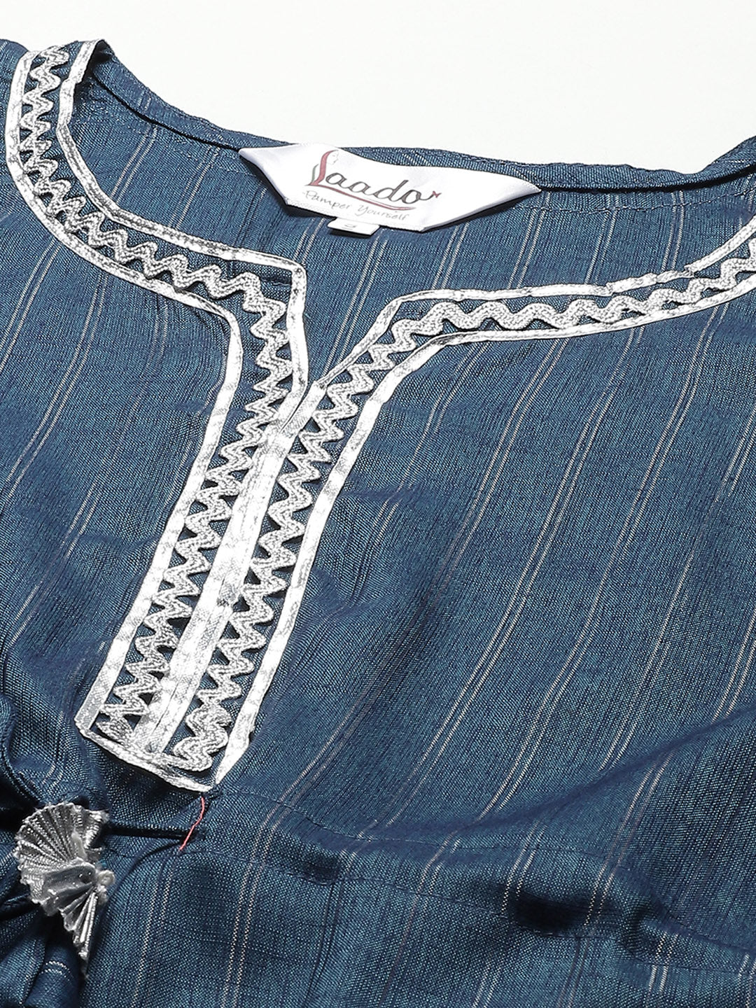 Teal Blue & Silver Striped Lurex Pleated Kaftan Kurta & Palazzos