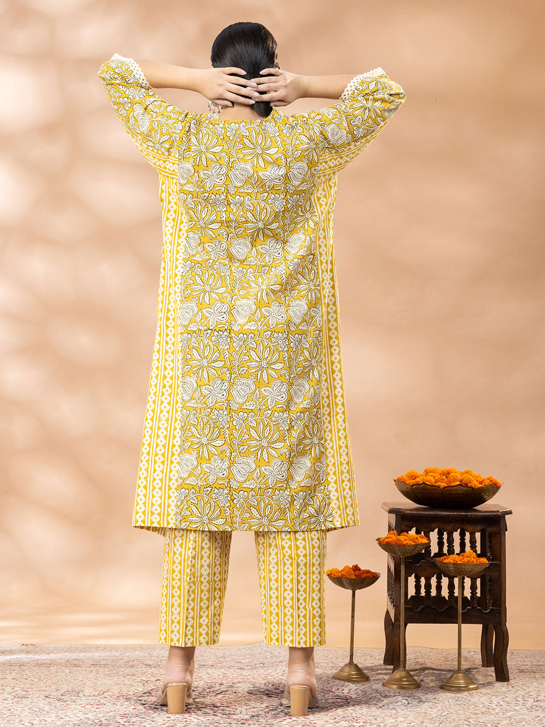 Bagru Yellow and White Floral Panel Lucknowi Cut Kurta set