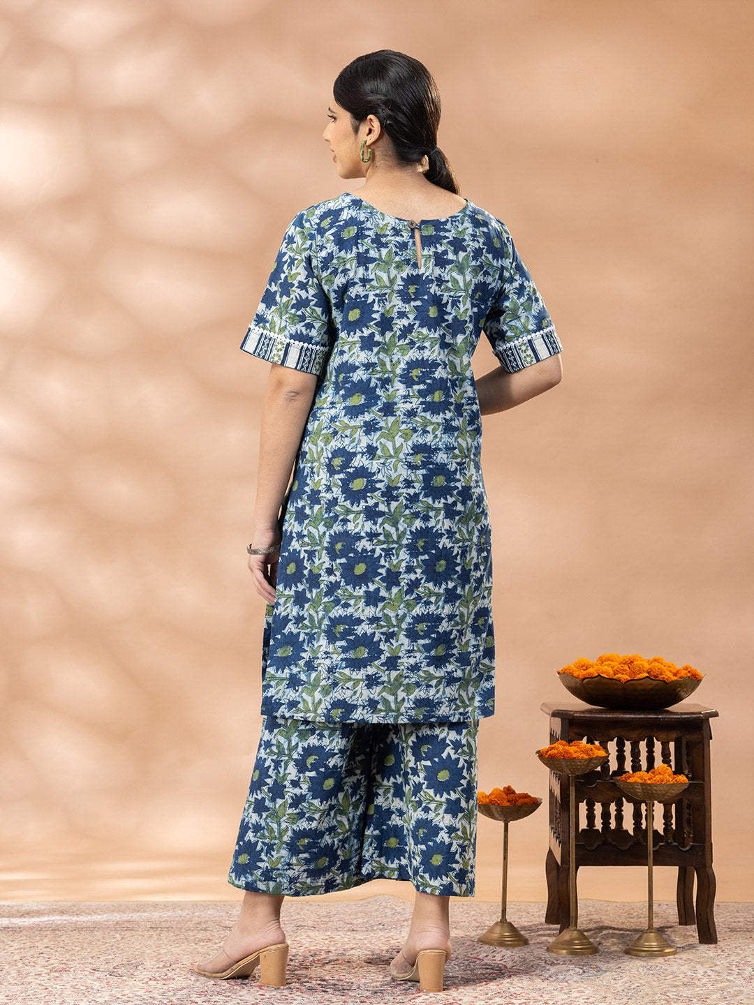 Bagru Indigo Blue and Green floral Round Neck Kurta Set