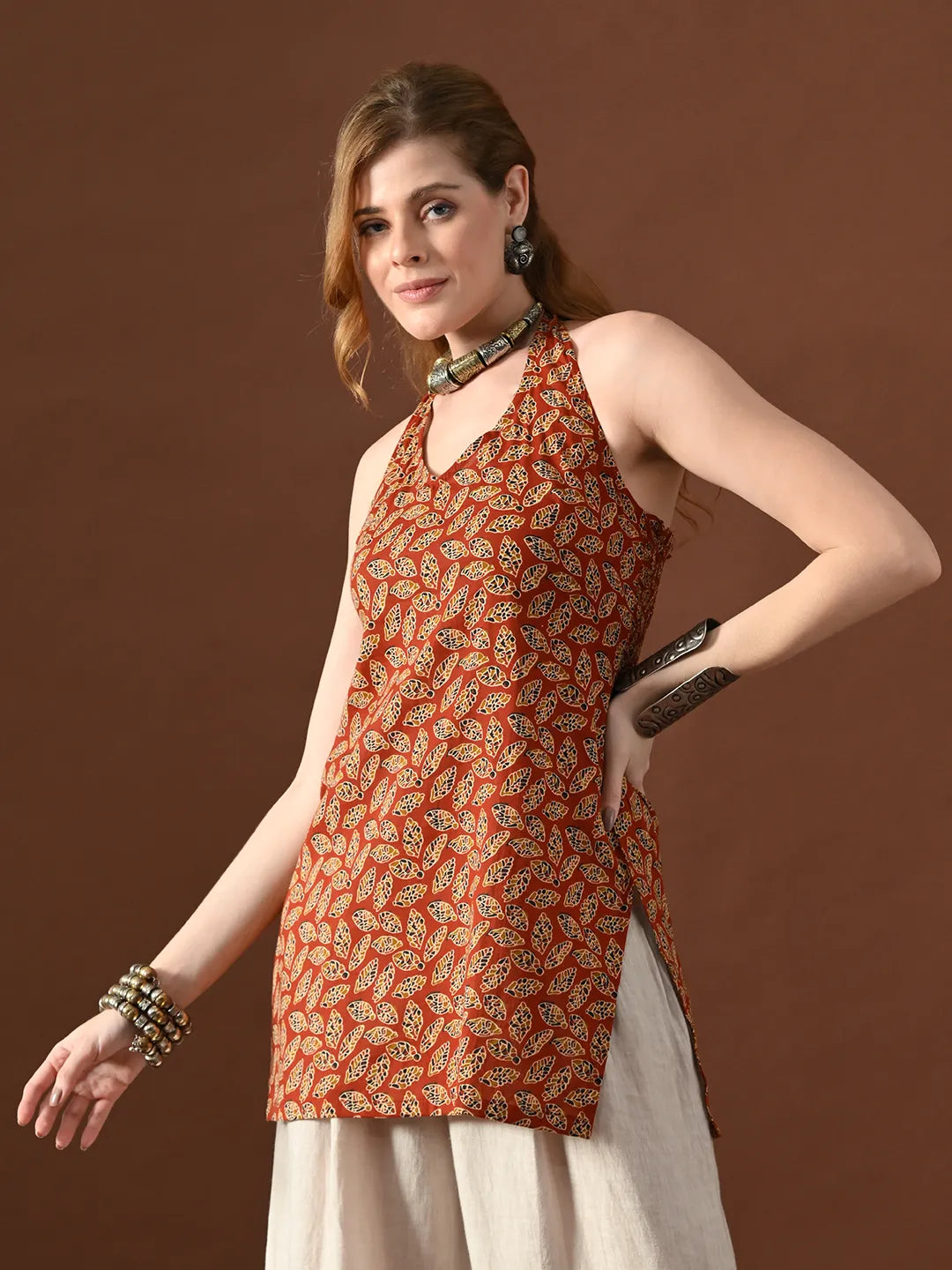 Women Saloni Halter Neck Backless Kurti With Smocking Details