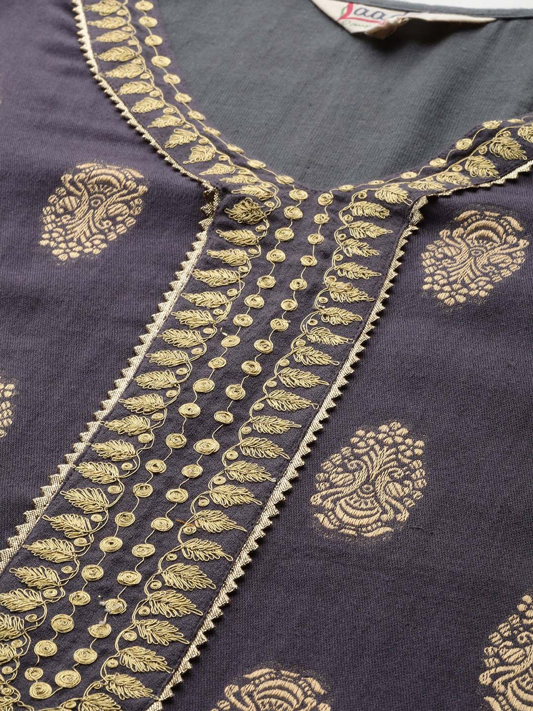 Grey Embroidered Kurta With Cotton Kalidar Skirt And Organza Dupatta - Set of 3