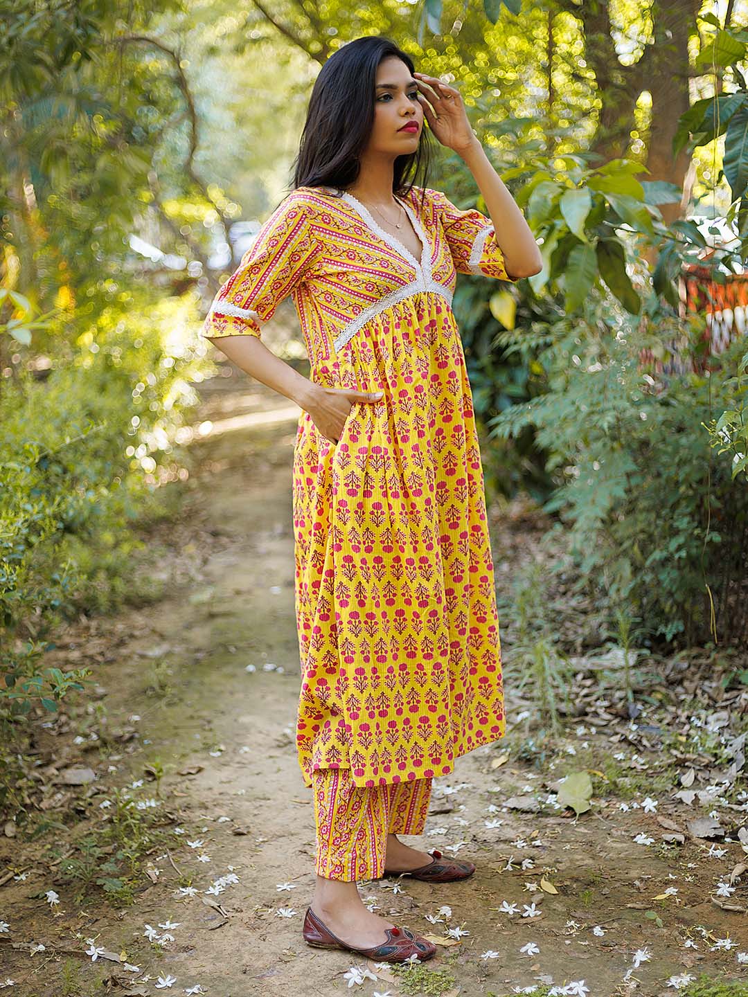 Yellow FLoral Kurta set with Lace Details