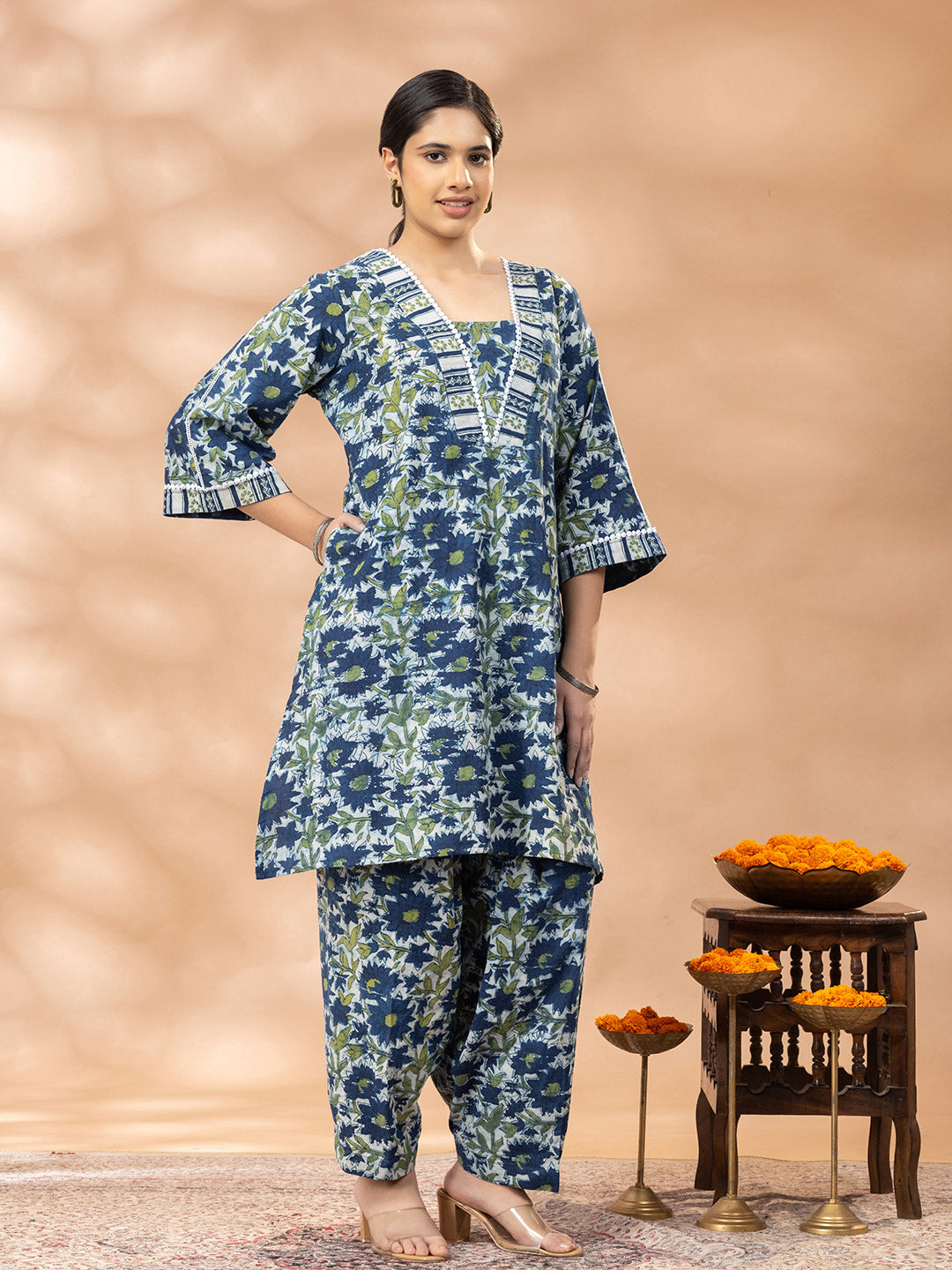 Bagru Indigo Blue and Green Floral Print Kurta Salwar Set
