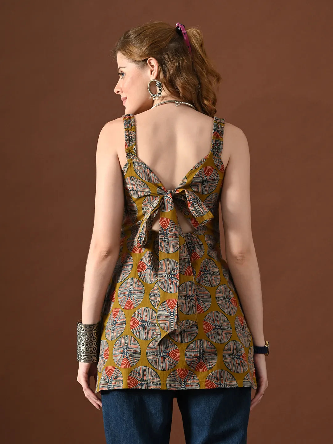 Women Geometrical Print Tisca Backless Kurti