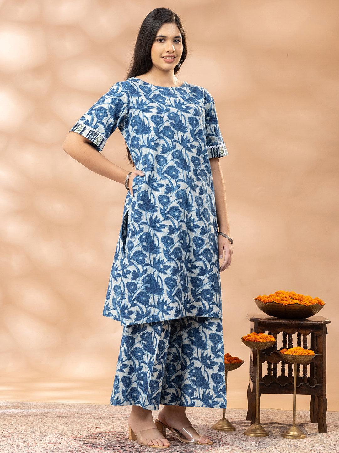 Bagru Indigo Floral Kurta Palazzo Set