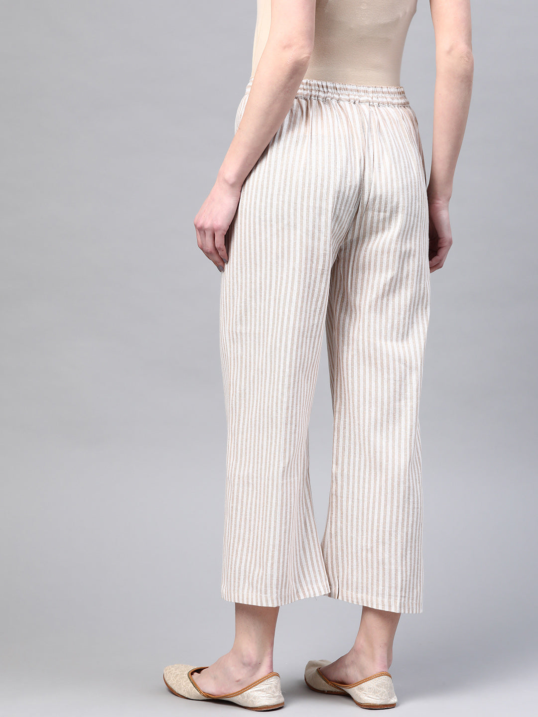 Women Faun & White Handloom Cotton Striped Wide Leg Sustainable Palazzos