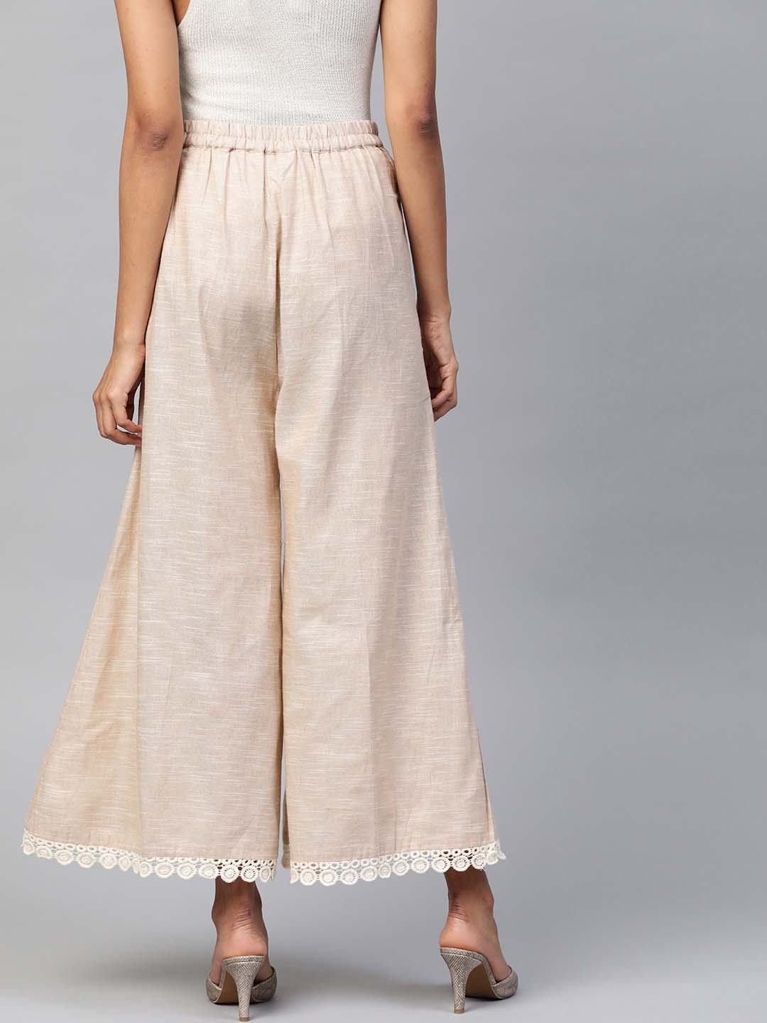 Cream-Coloured Solid Handloom Wide Leg Palazzos