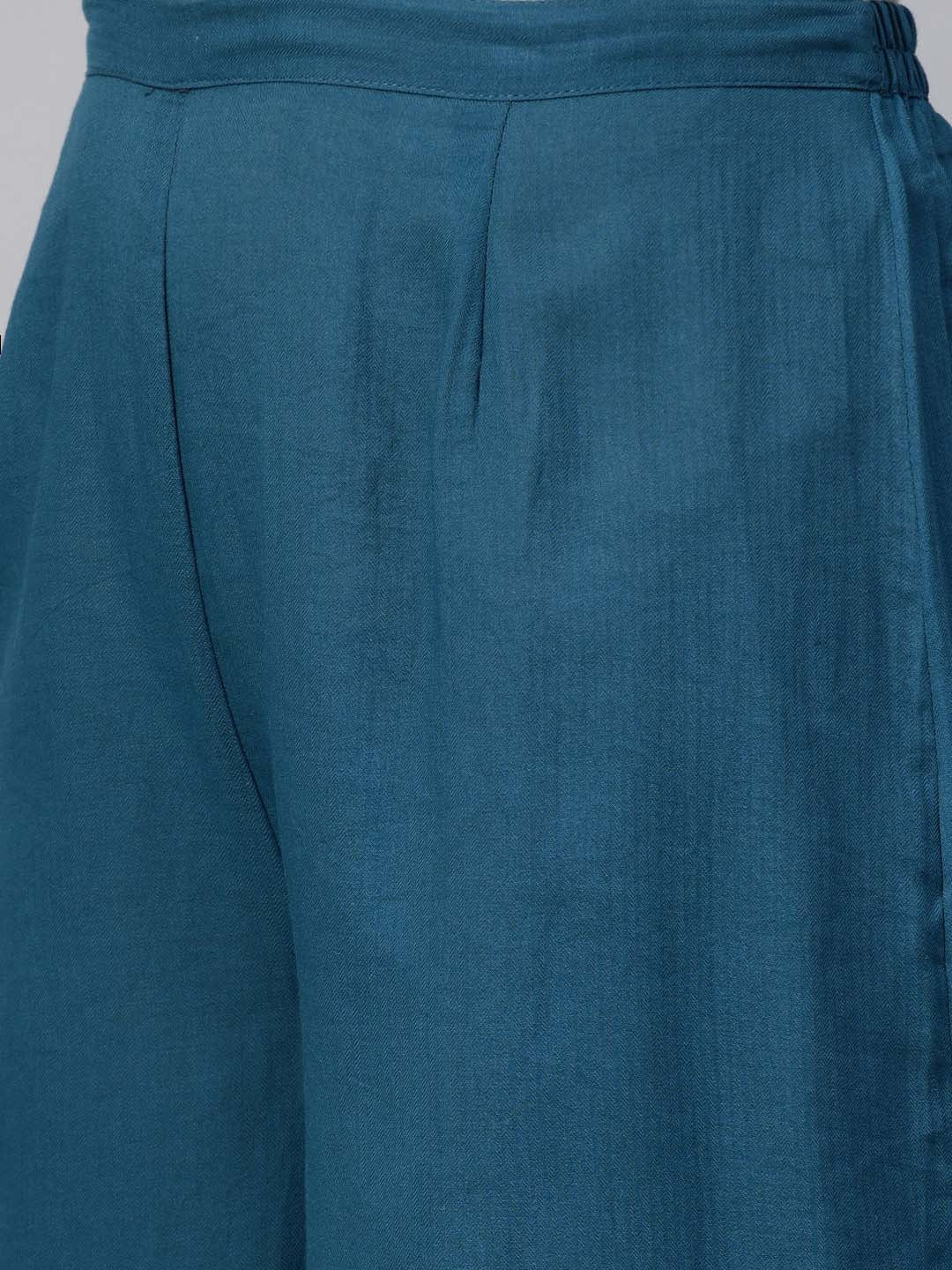 Teal Blue Embroidered A-Line Kurta and palazzo - Set of 2