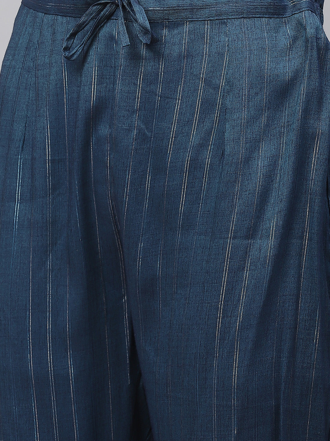 Teal Blue & Silver Striped Lurex Pleated Kaftan Kurta & Palazzos