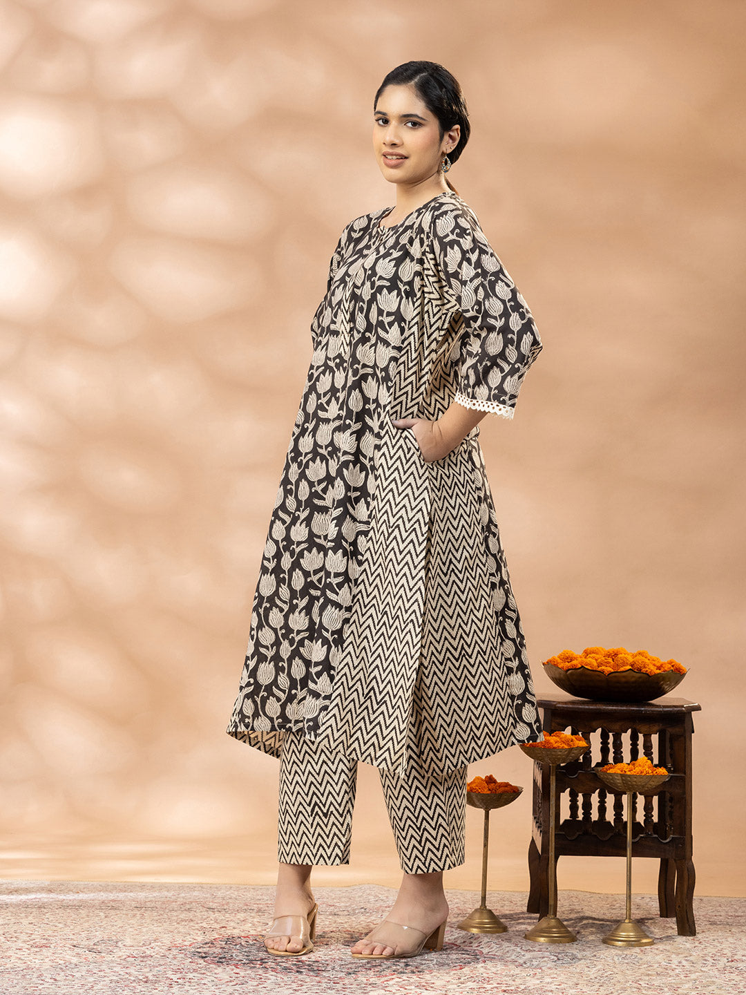 Bagru Black and Beige Floral Panel Lucknowi Cut Kurta set