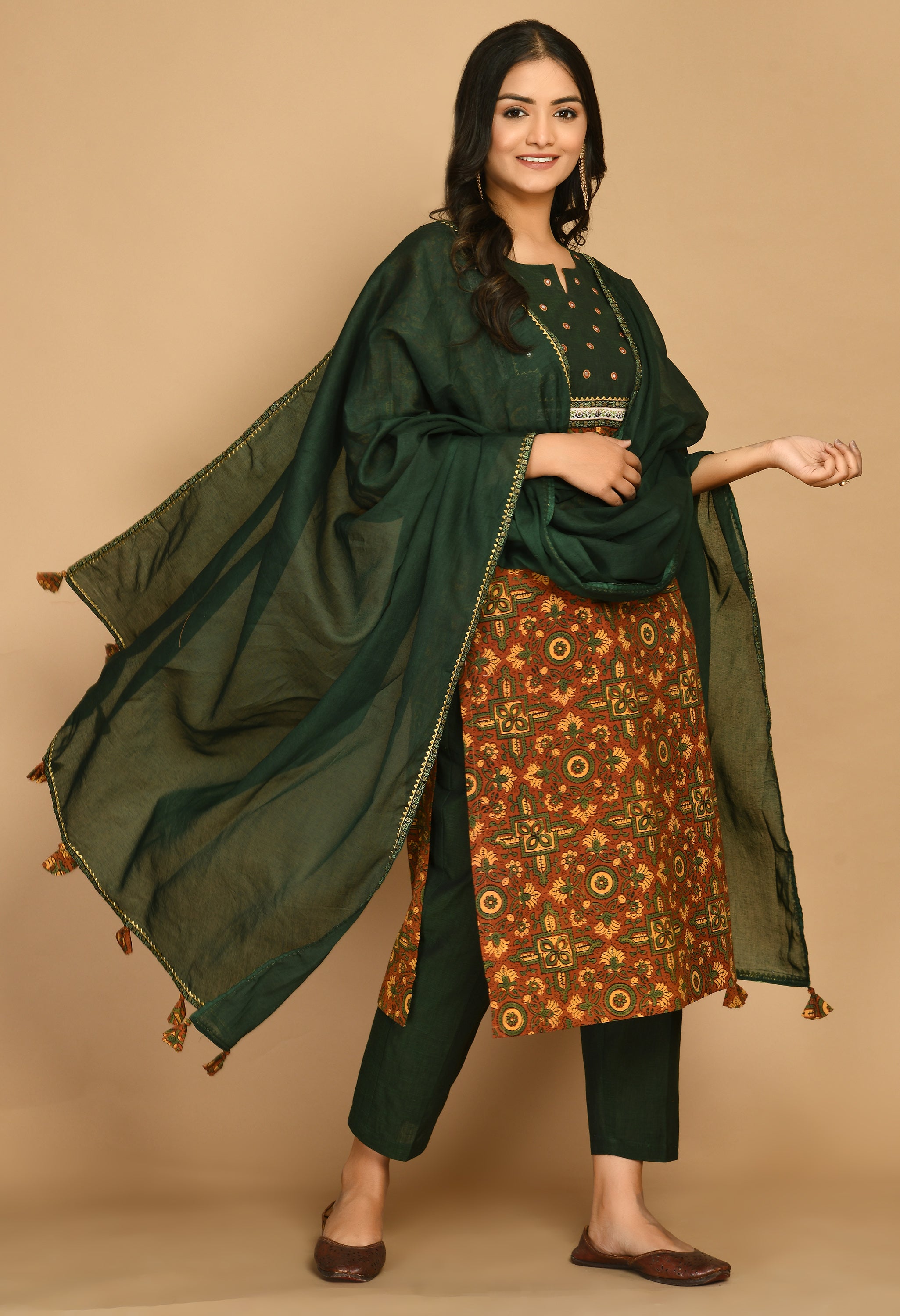 Rust Ajrakh Kurta Set with Handloom Pants