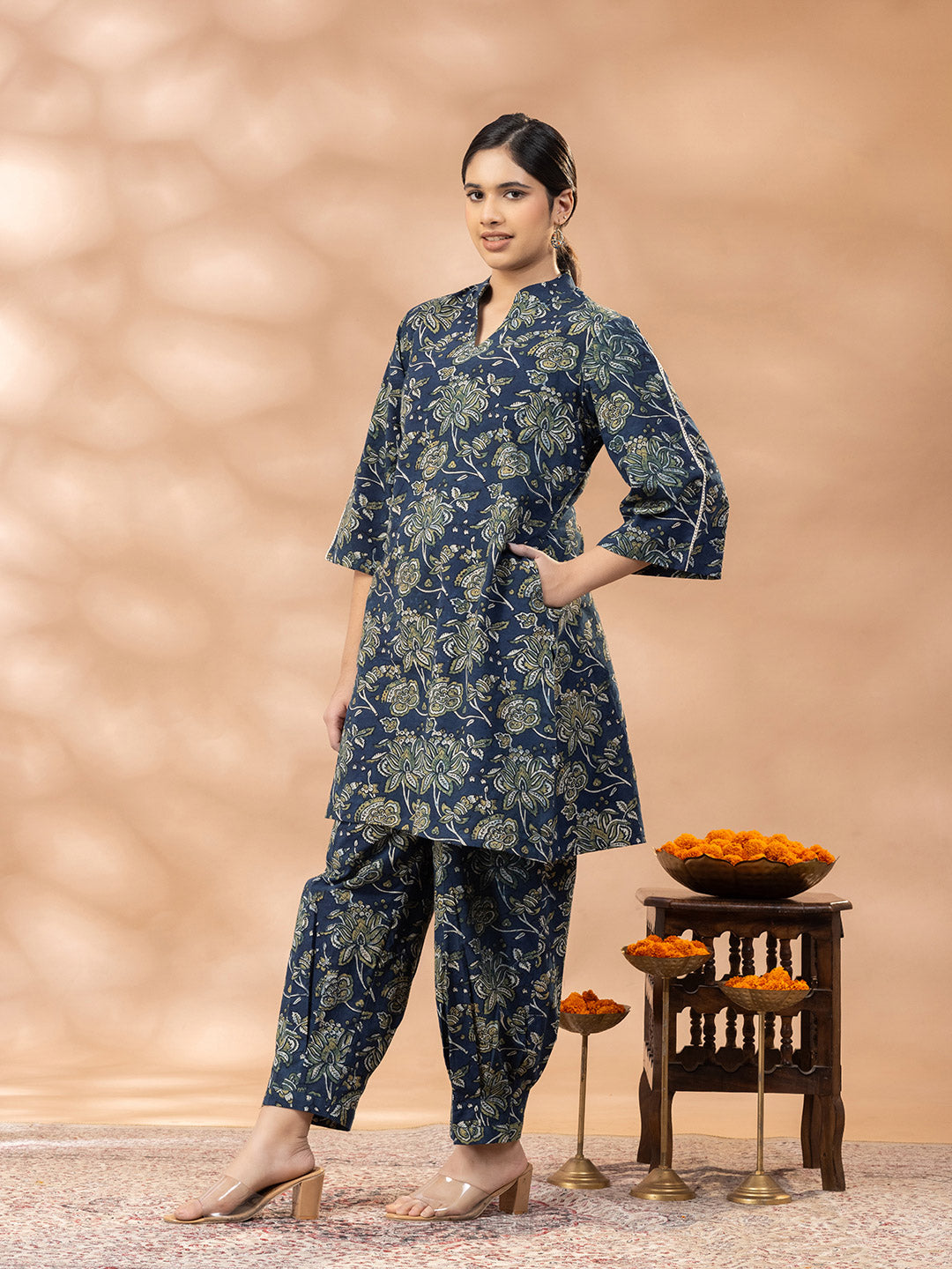 Indigo Ajrakh Mandrin Neck Kurta Salwar Set