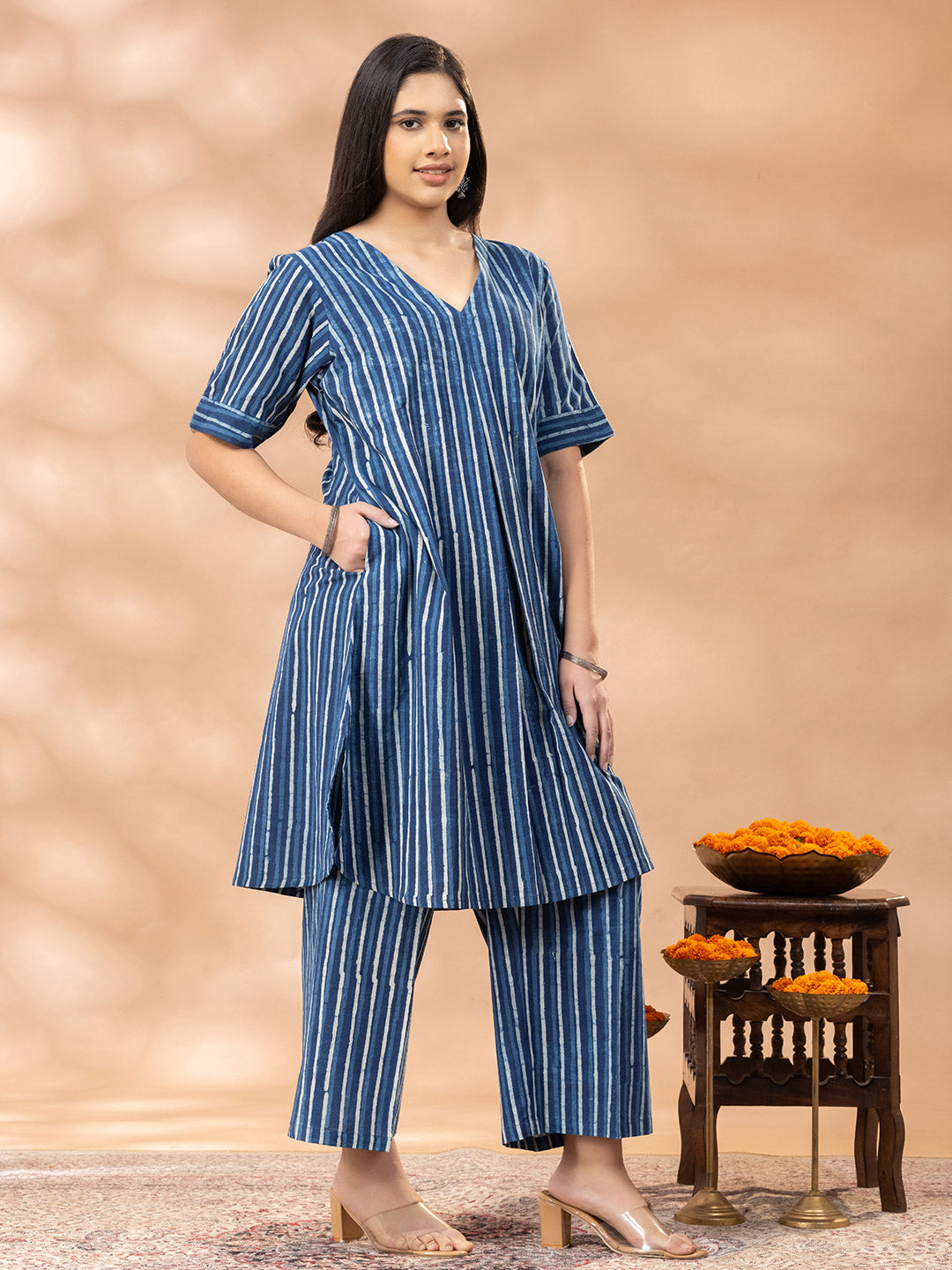 Bagru Indigo Striped V Neck Kurta Set