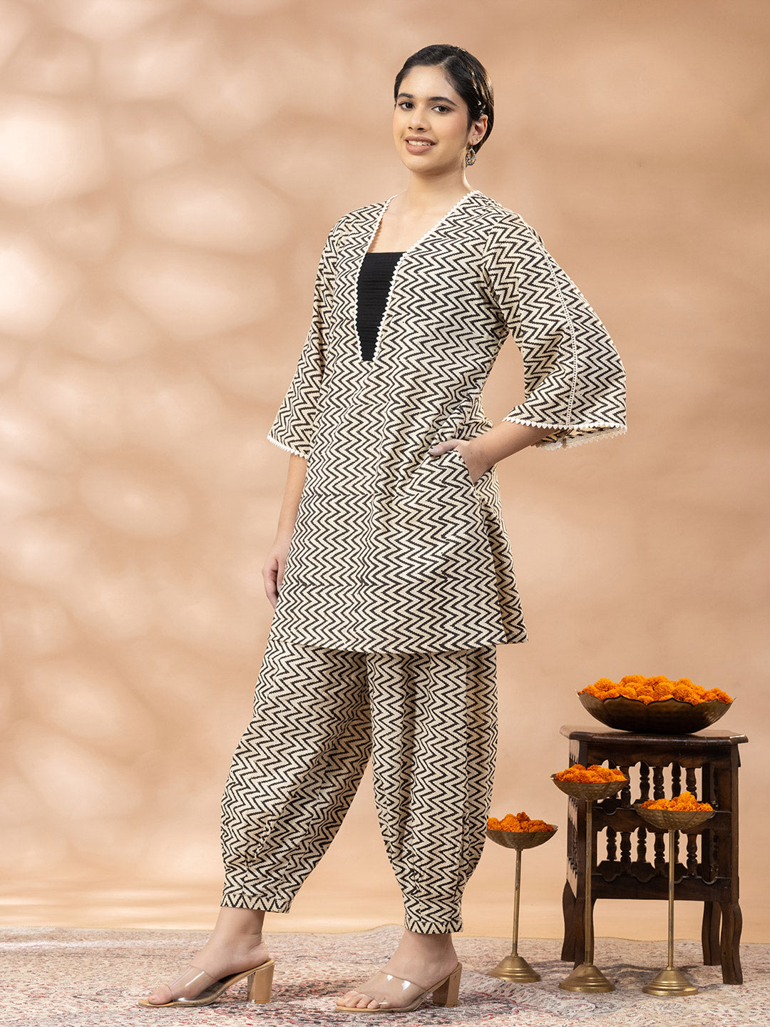 Black and Beige Zig Zag Bagru Print Kurta set
