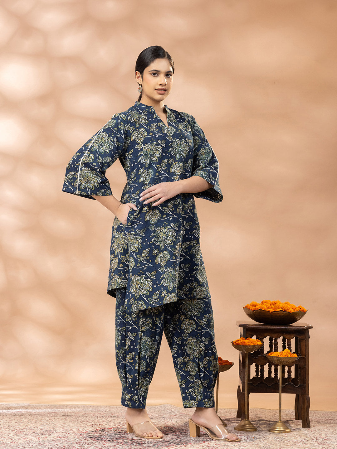 Indigo Ajrakh Mandrin Neck Kurta Salwar Set