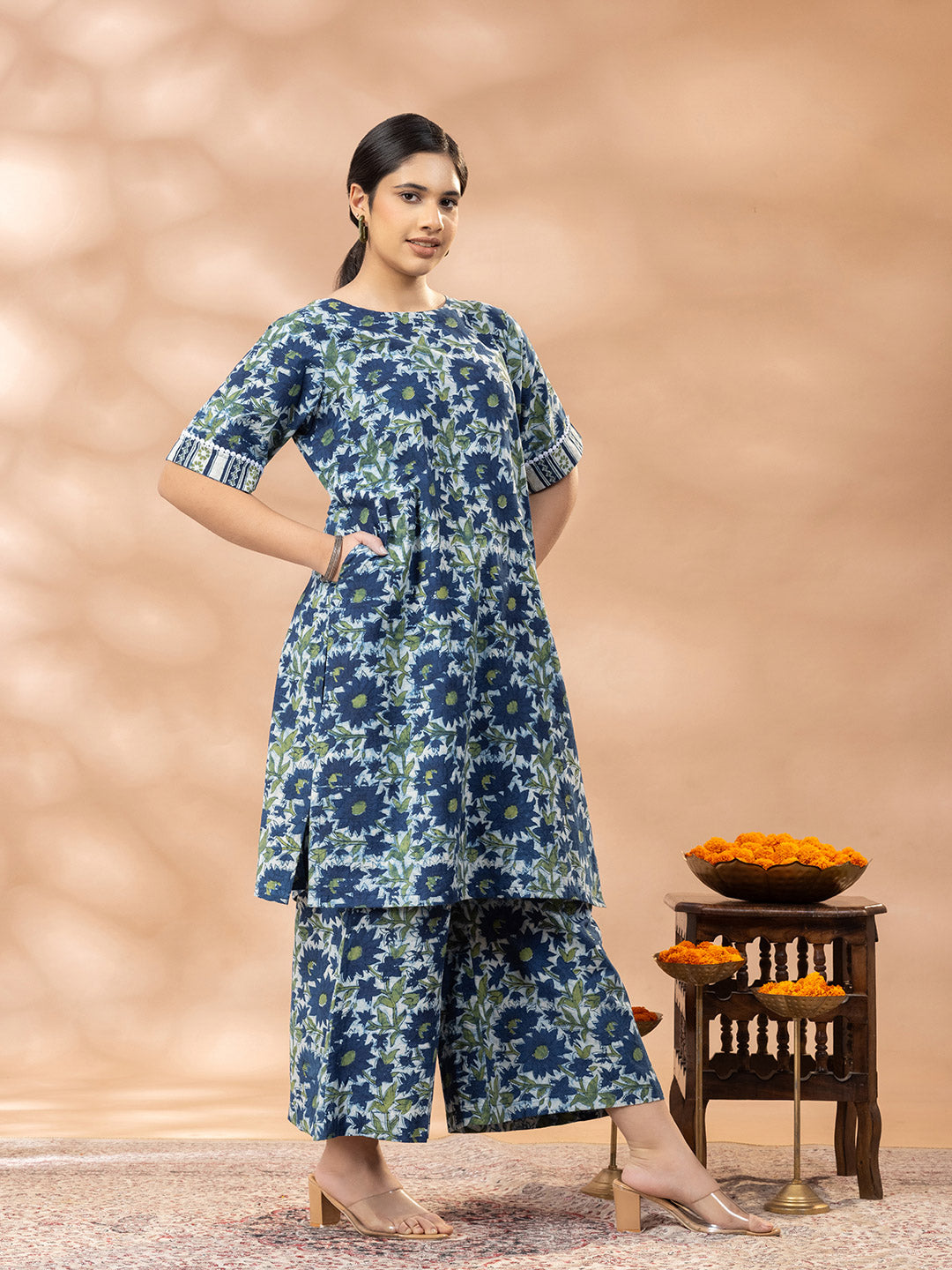 Bagru Indigo Blue and Green floral Round Neck Kurta Set