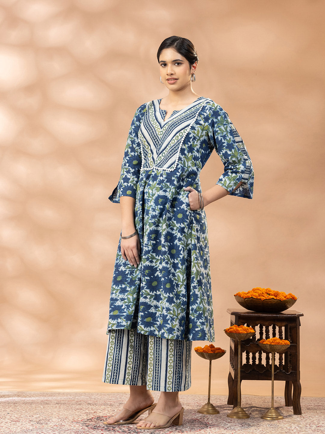 Bagru Indigo Blue and Green Yoke Kurta Palazzo Set