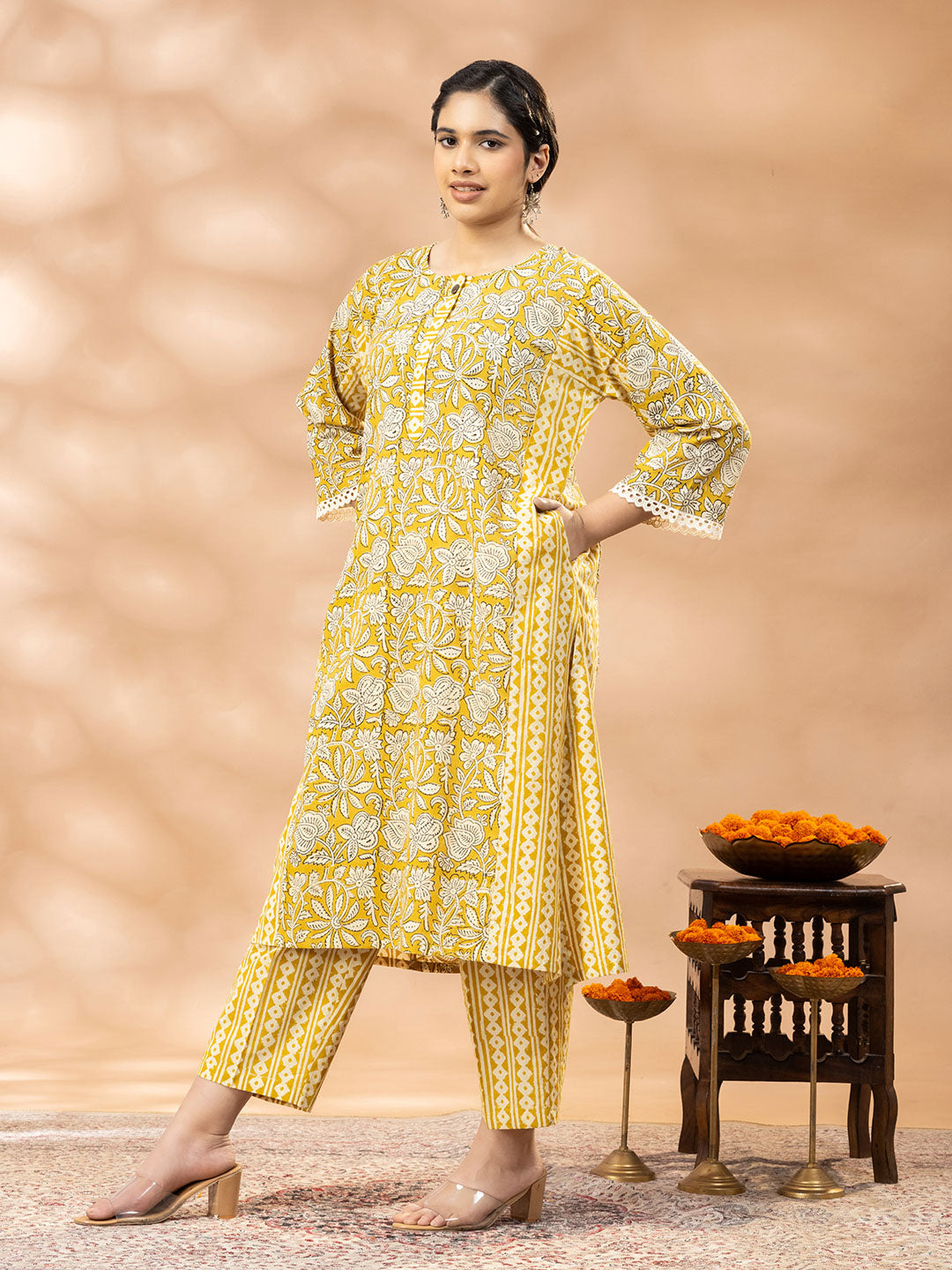 Bagru Yellow and White Floral Panel Lucknowi Cut Kurta set