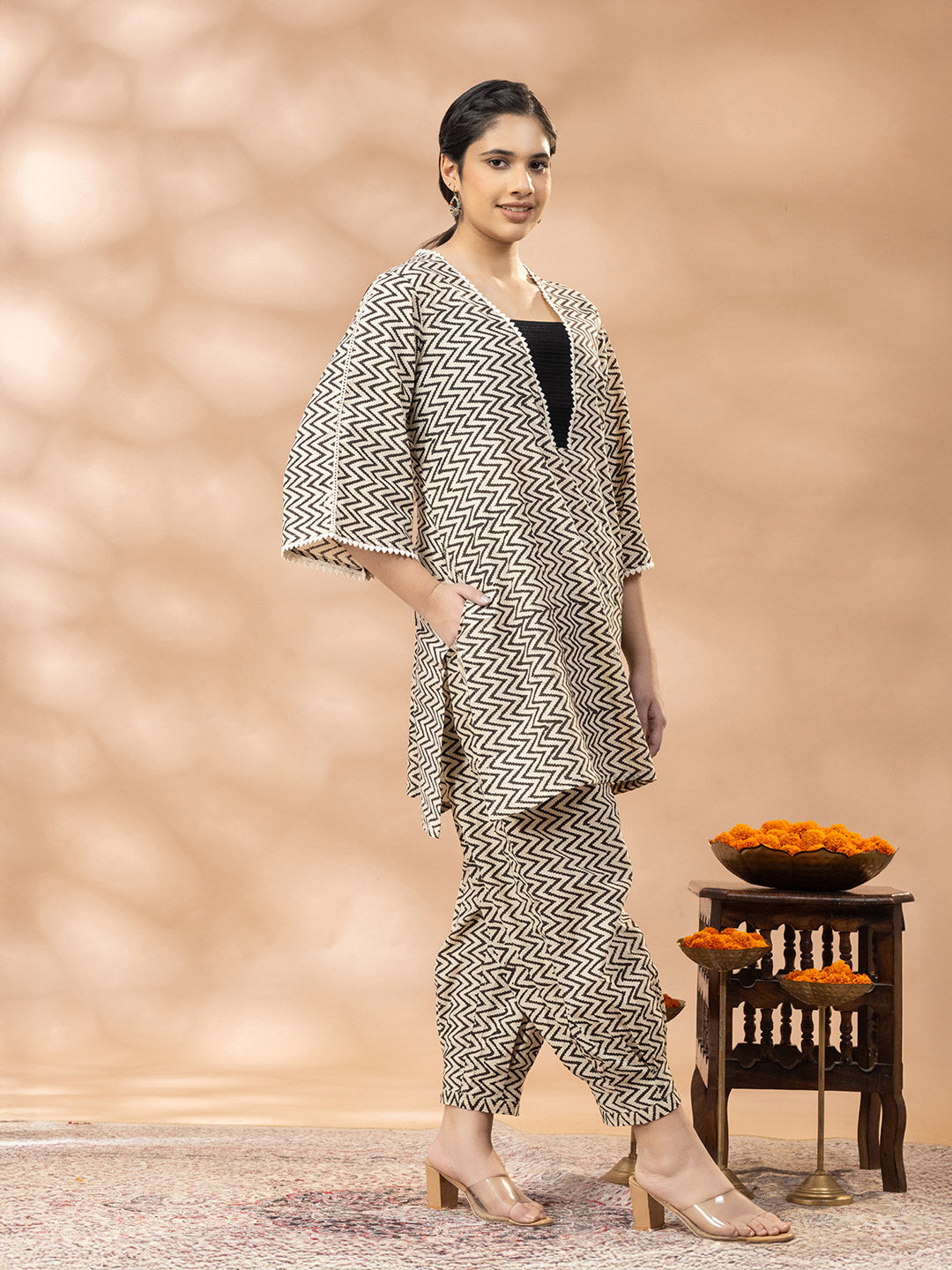 Black and Beige Zig Zag Bagru Print Kurta set