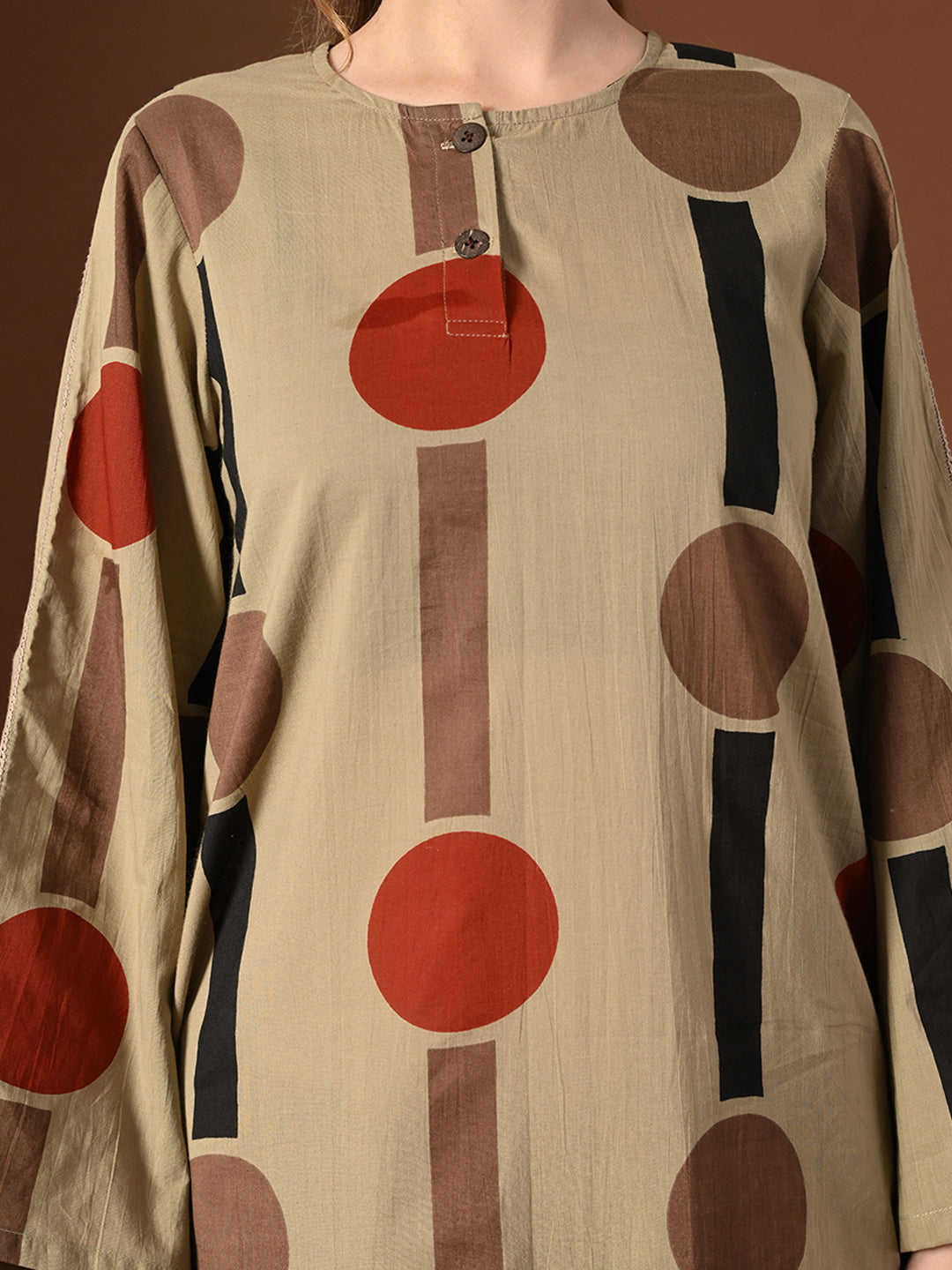 Women Beige Geometrical Print Cotton Oversized Kurta