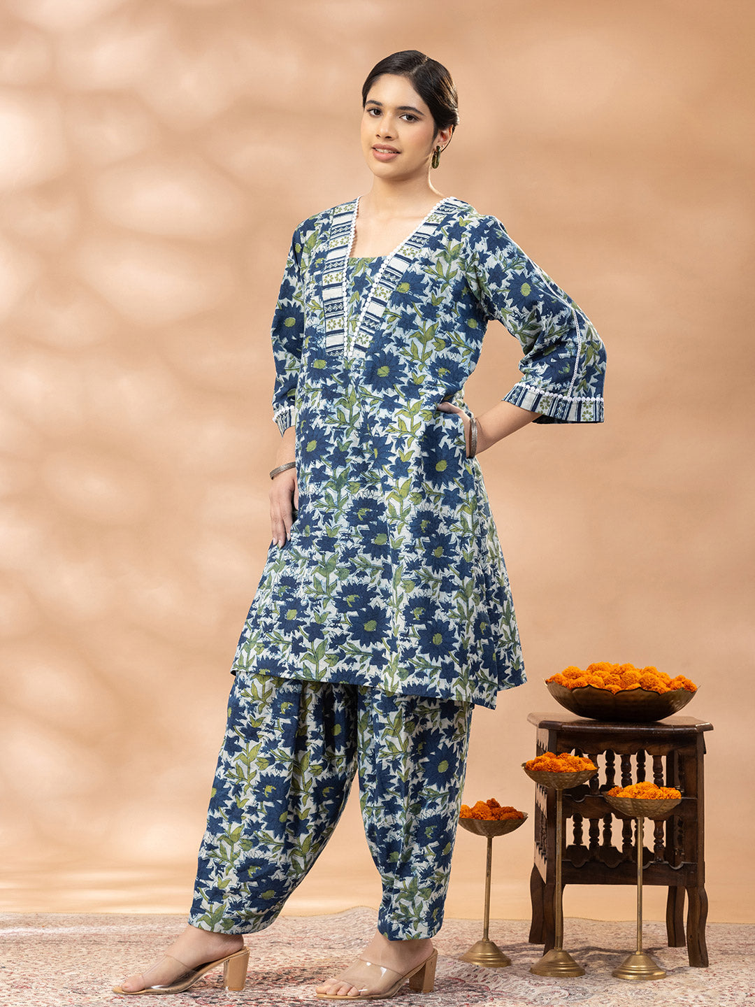 Bagru Indigo Blue and Green Floral Print Kurta Salwar Set