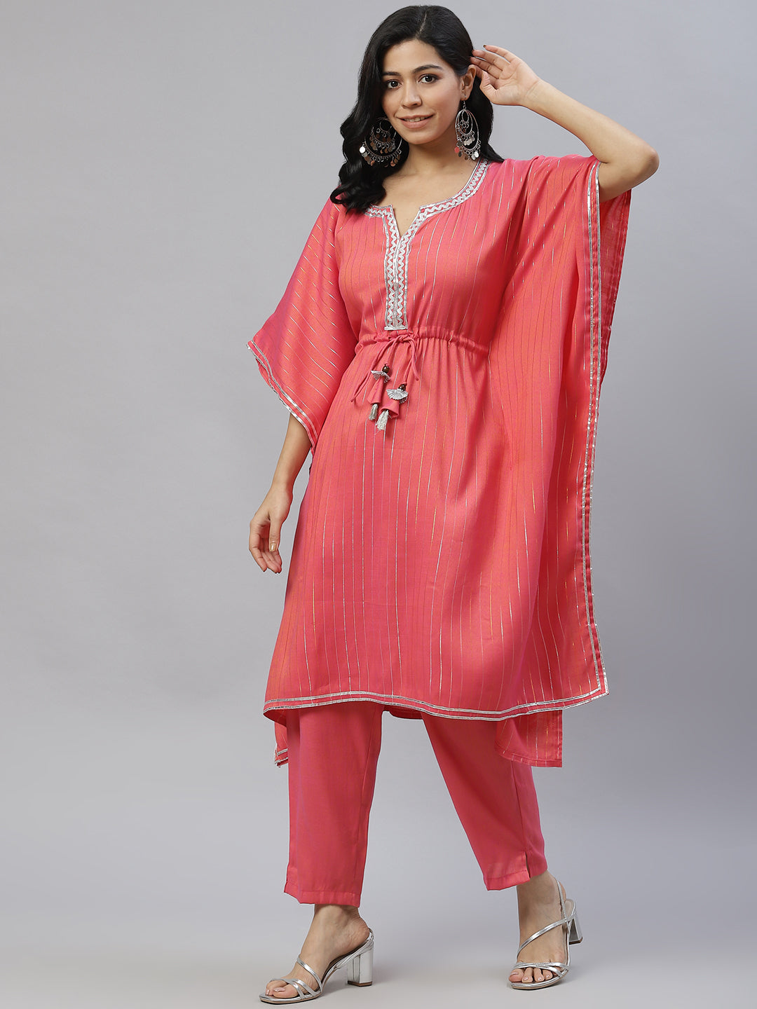 Women Peach-Coloured Striped Empire Kurta with Palazzos