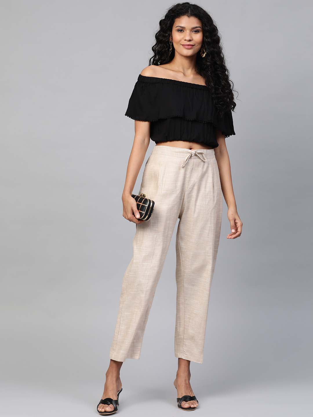 Cream-Coloured Handloom Solid Straight Palazzos