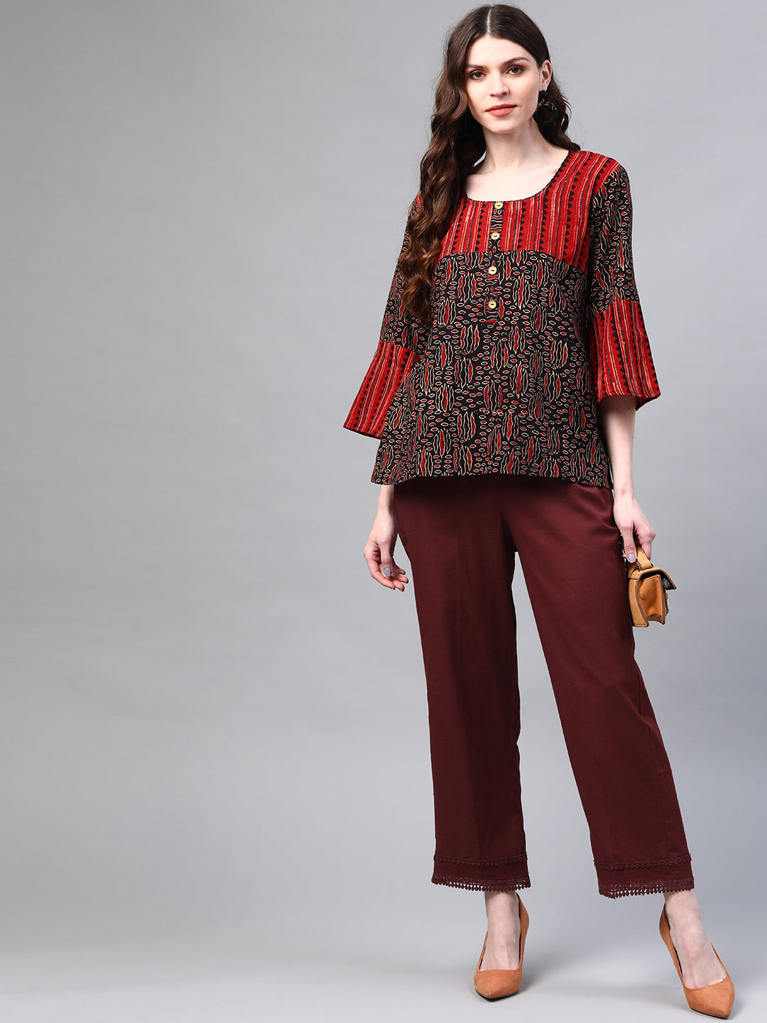 Maroon Hem Design Cotton Handloom Straight Sustainable Palazzos