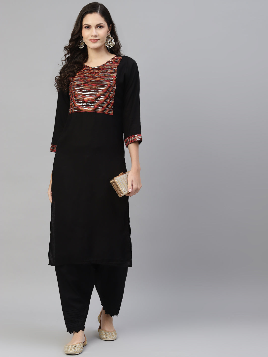 Black Solid Lace Pintucks Pure Cotton Salwar