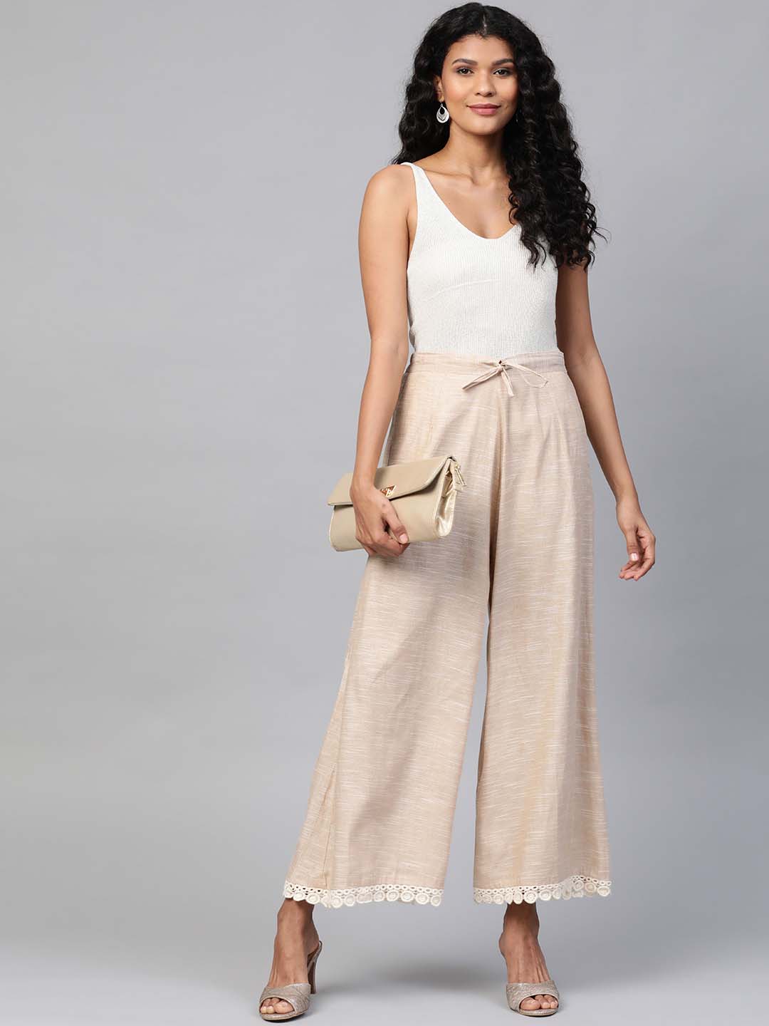 Cream-Coloured Solid Handloom Wide Leg Palazzos