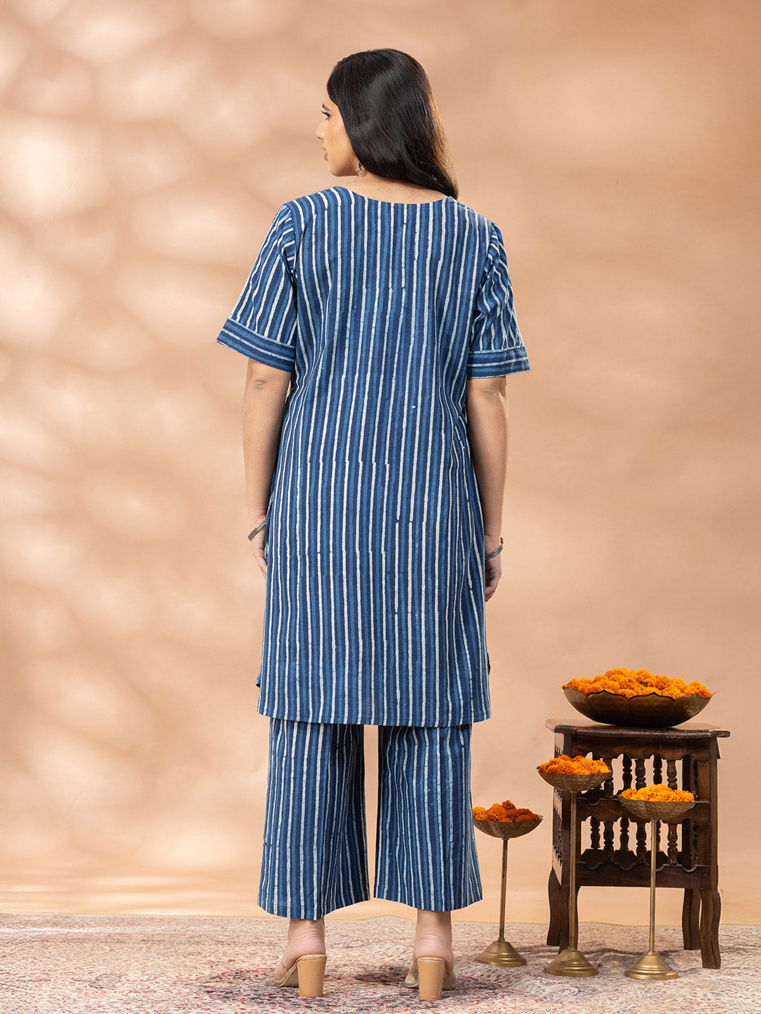 Bagru Indigo Striped V Neck Kurta Set