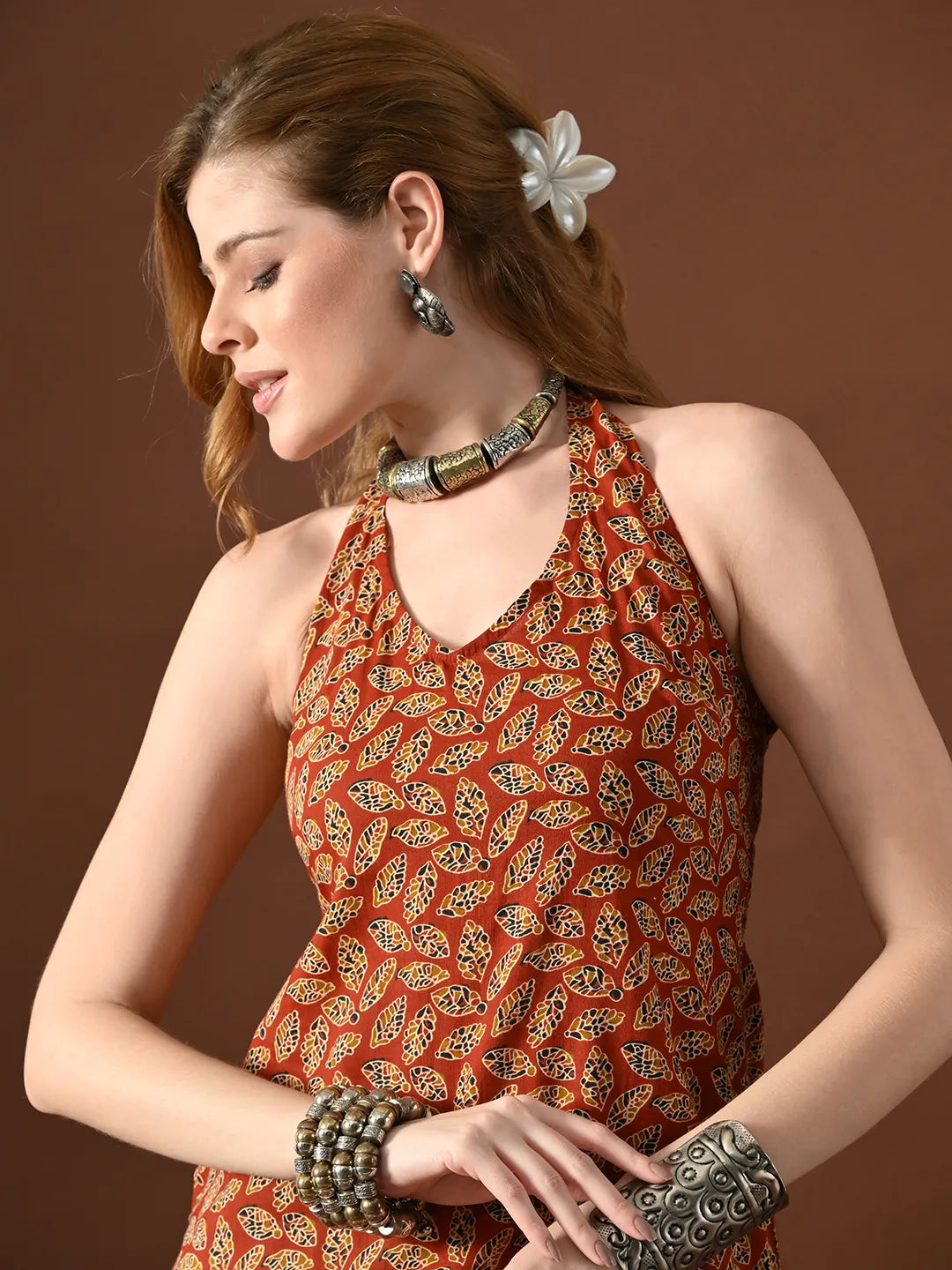Women Saloni Halter Neck Backless Kurti With Smocking Details