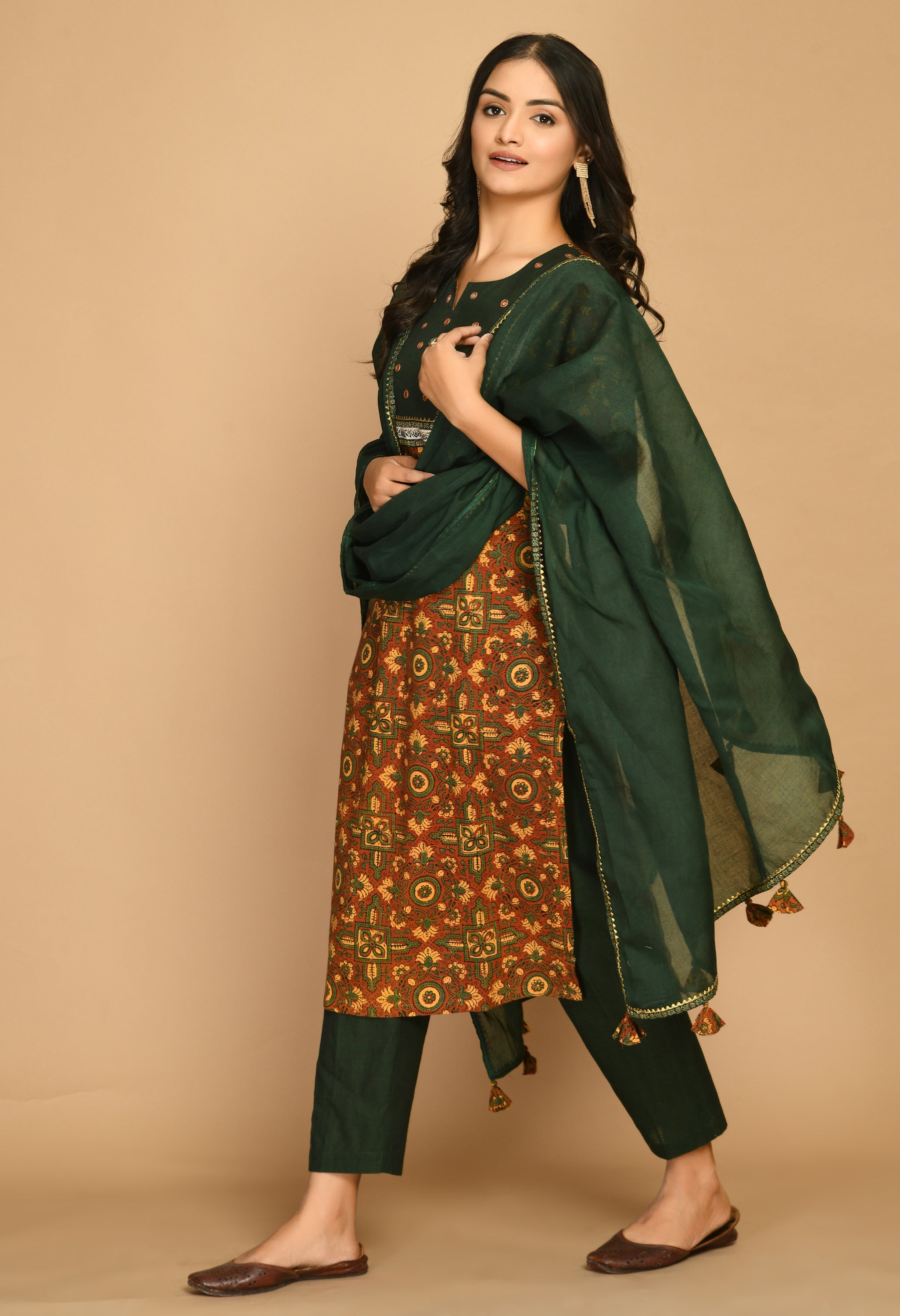 Rust Ajrakh Kurta Set with Handloom Pants
