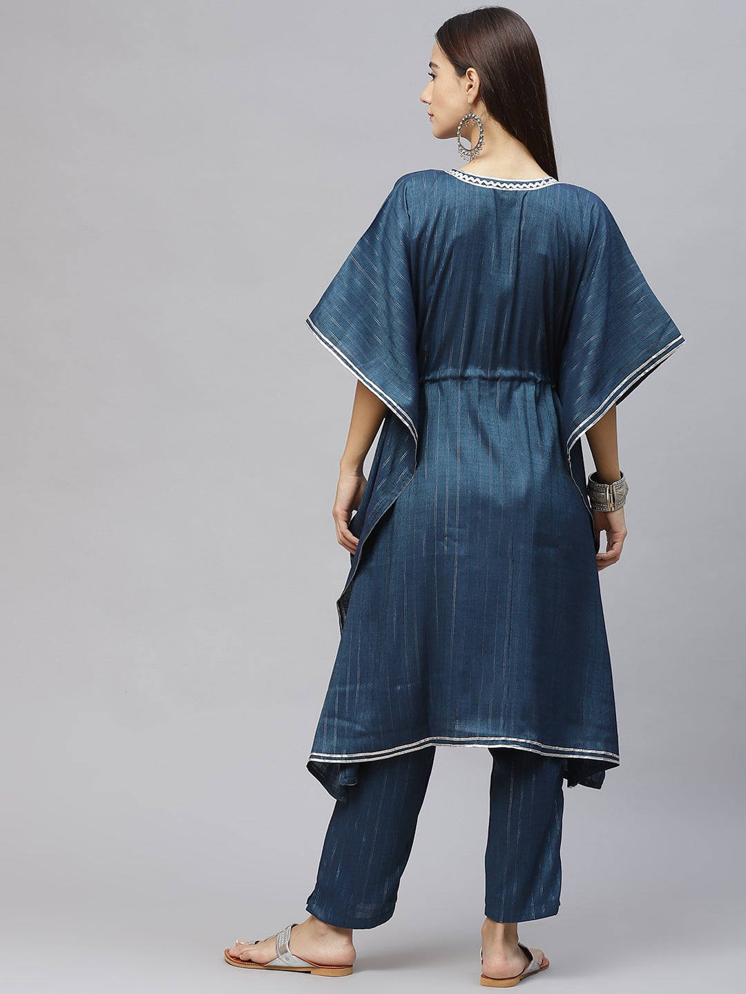 Teal Blue & Silver Striped Lurex Pleated Kaftan Kurta & Palazzos