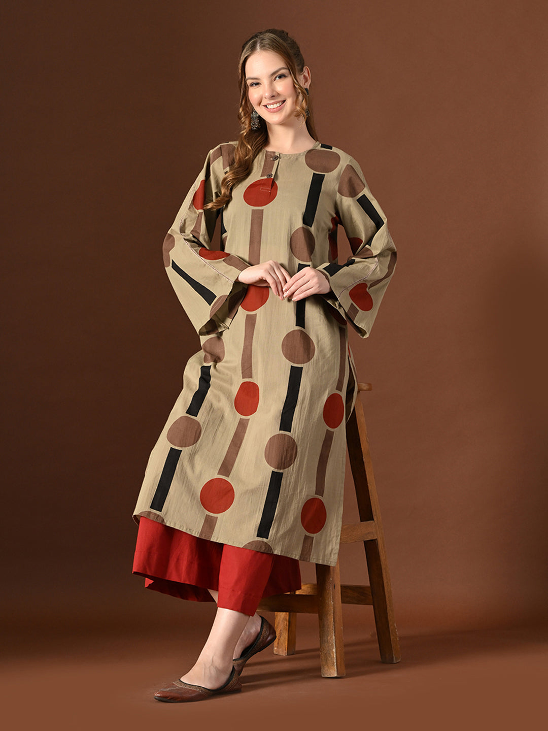Women Beige Geometrical Print Cotton Oversized Kurta