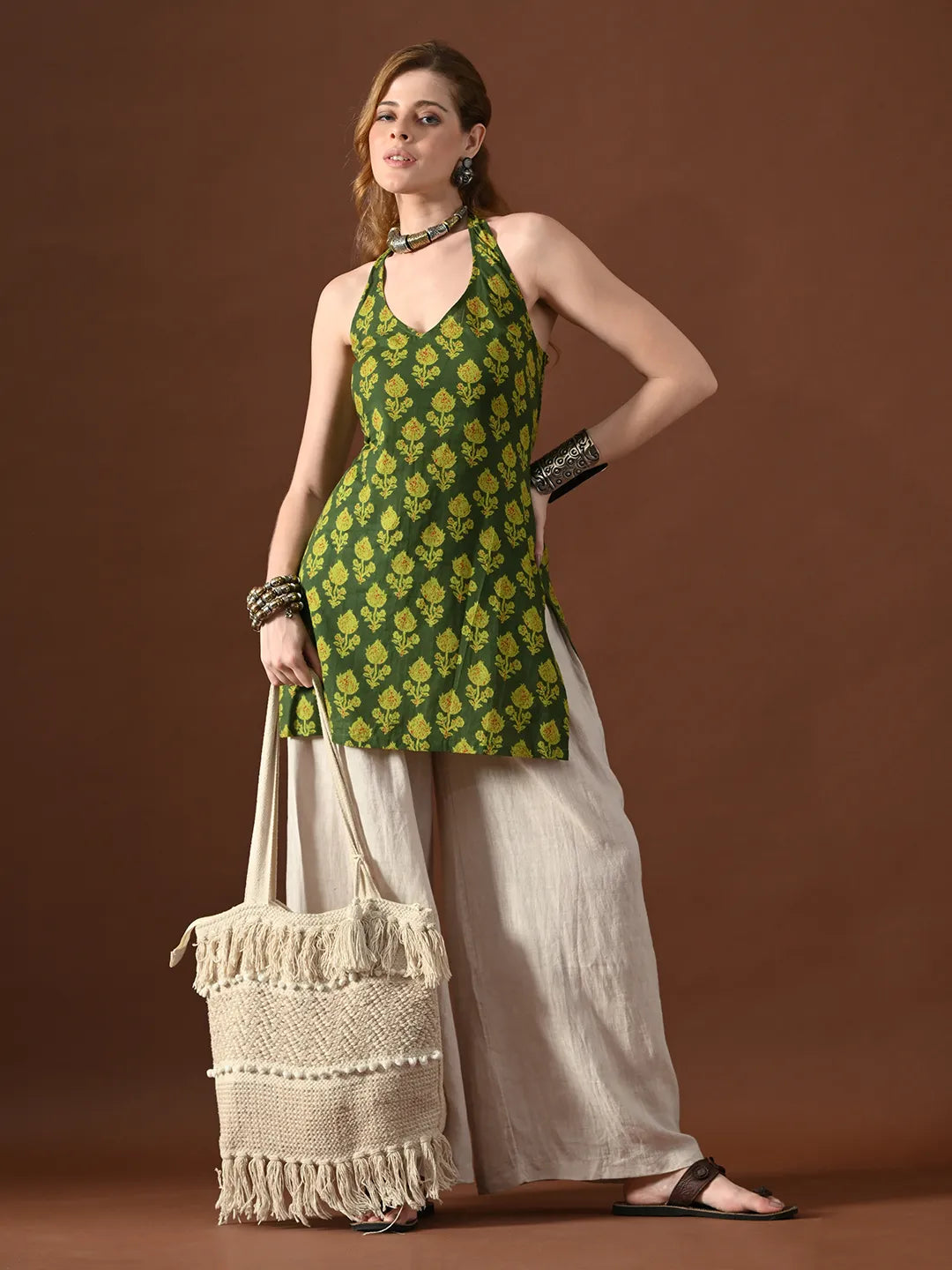 Women Nimra Halter Neck Backless Kurti With Smocking Details