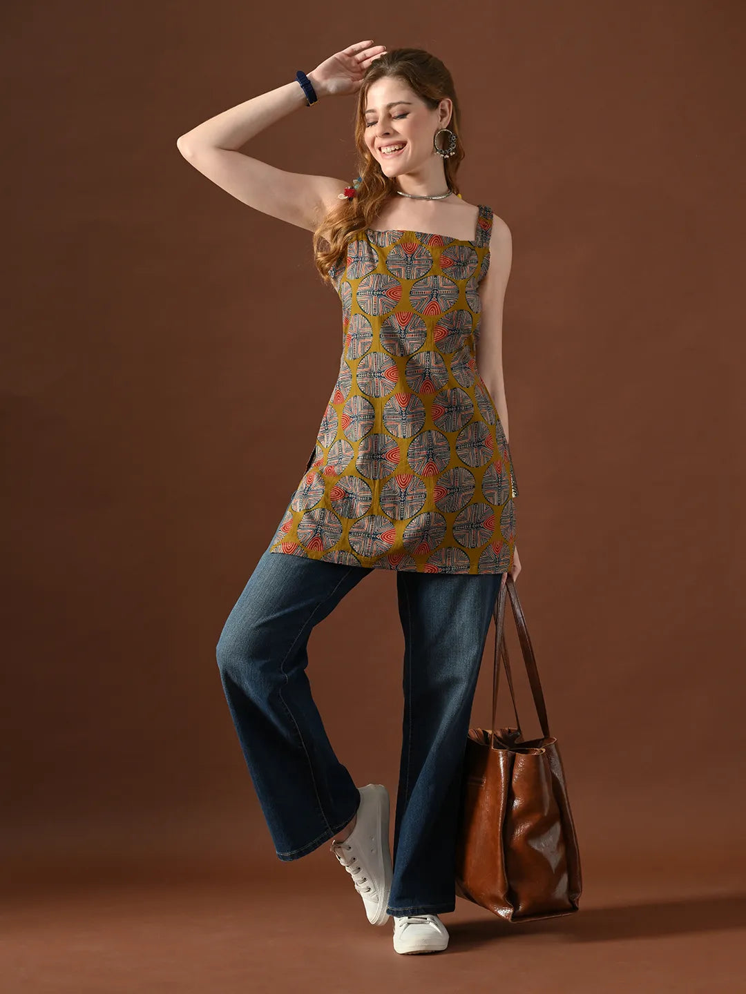 Women Geometrical Print Tisca Backless Kurti