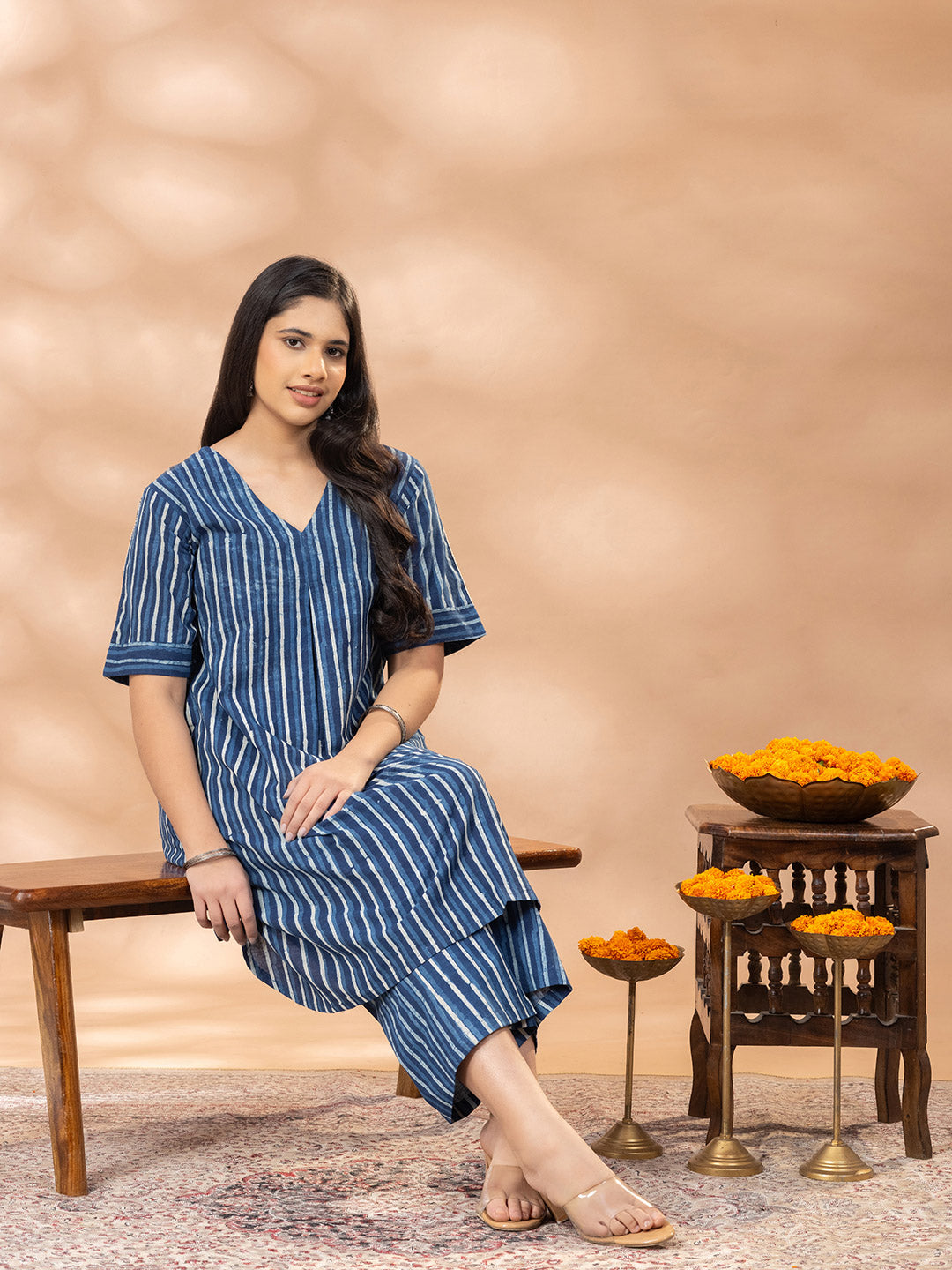 Bagru Indigo Striped V Neck Kurta Set