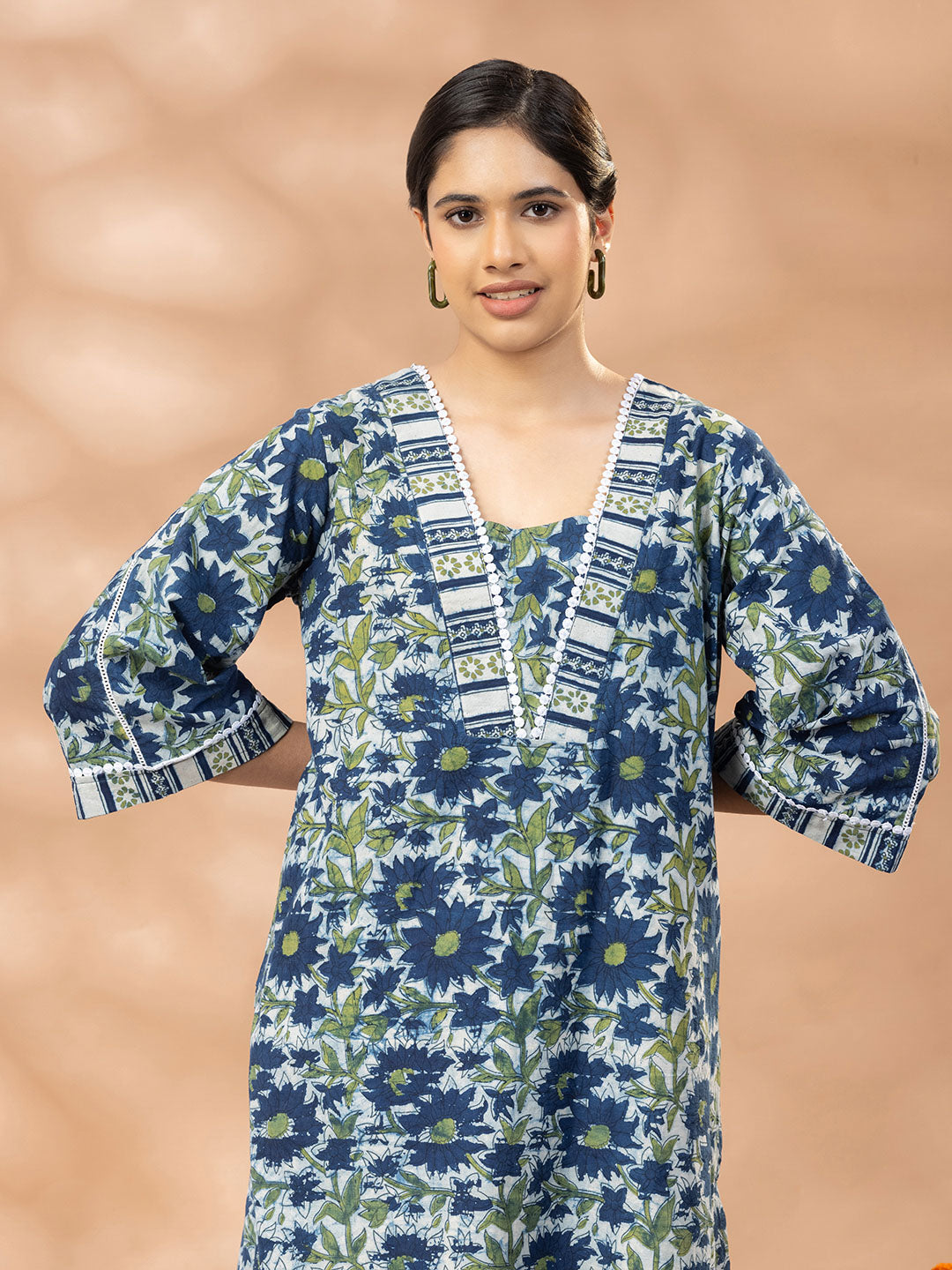 Bagru Indigo Blue and Green Floral Print Kurta Salwar Set