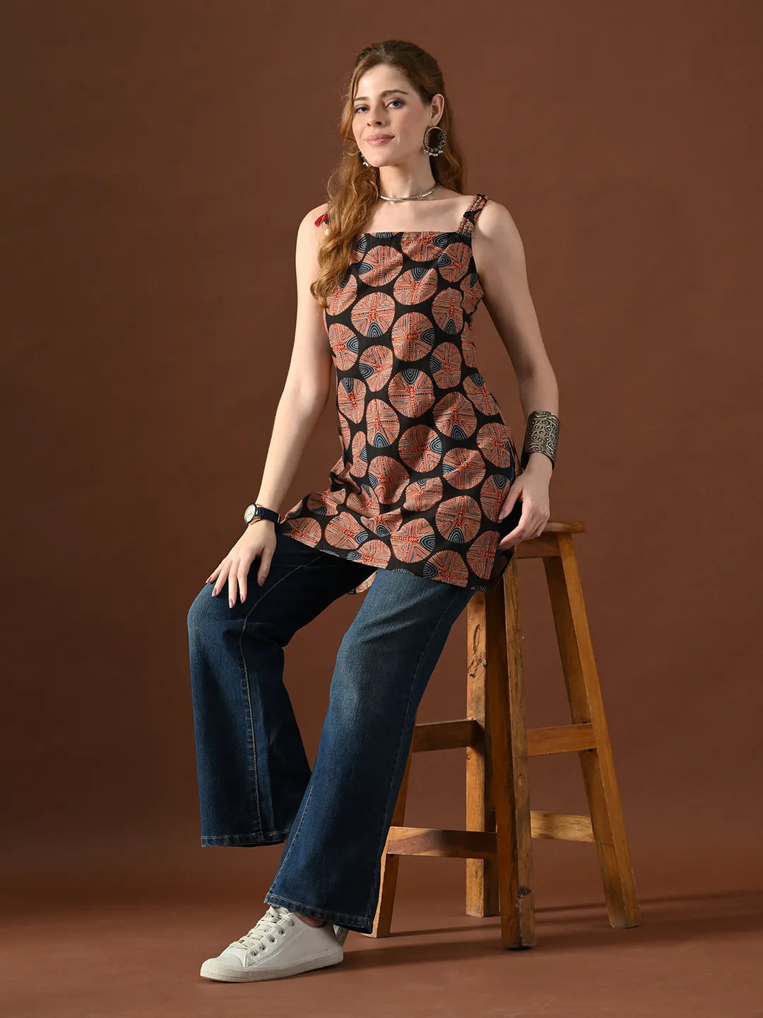Women Geometrical Print Tisca Backless Kurti