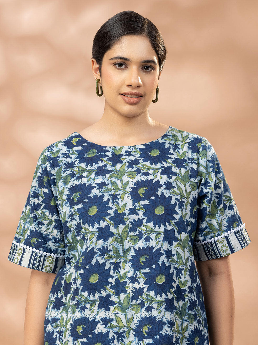 Bagru Indigo Blue and Green floral Round Neck Kurta Set